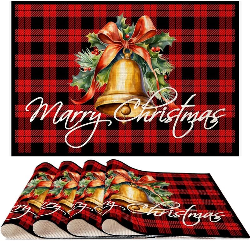 Juego de 6 manteles individuales de Navidad con estampado a cuadros de búfalo rojo para mesa de comedor, regalo de invierno, manteles individuales