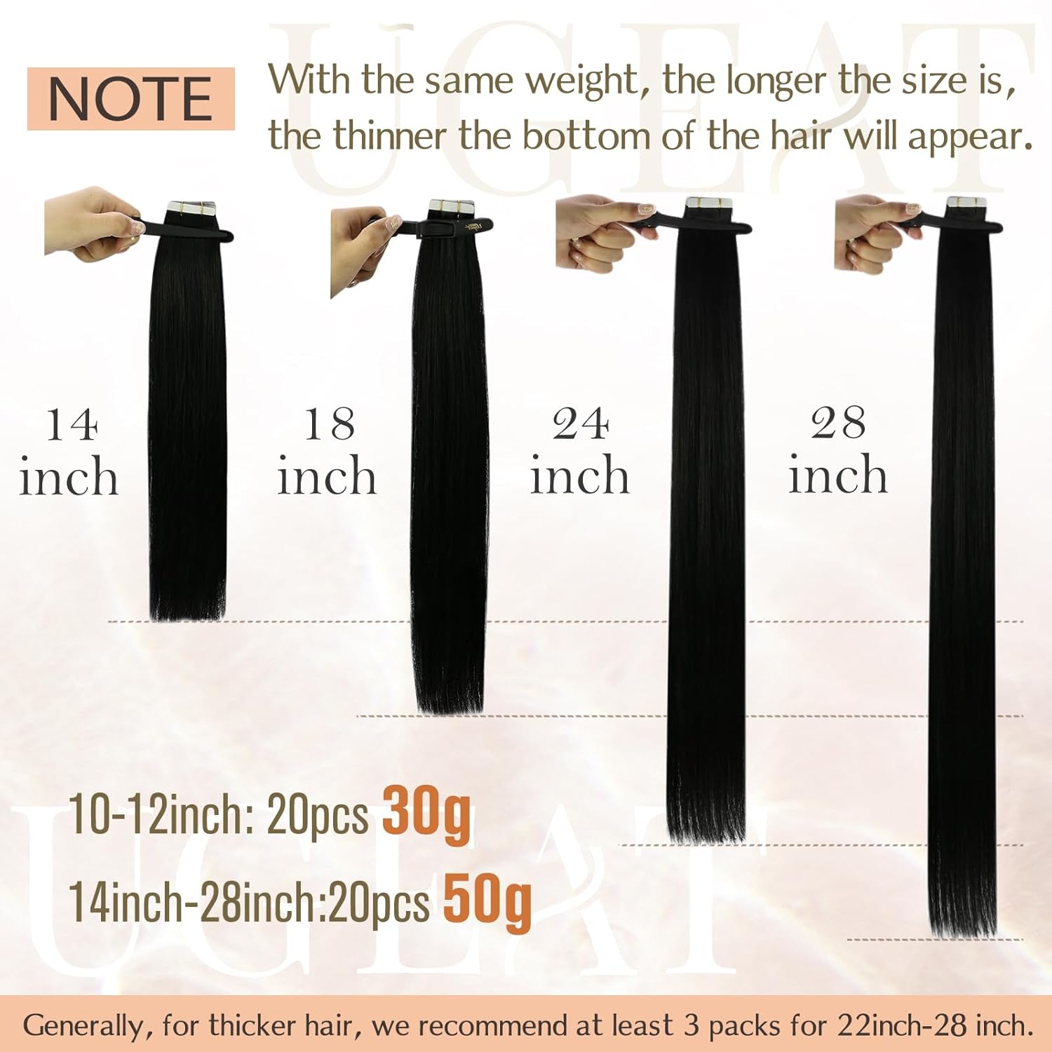 Ugeat Extensiones de cabello humano Remy con cinta
