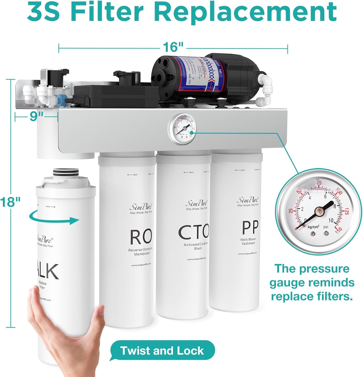 SimPure T1-400ALK Juego de cartuchos de filtro de repuesto de 1 año para sistema de filtro de agua de ósmosis inversa sin tanque T1-400ALK (2
