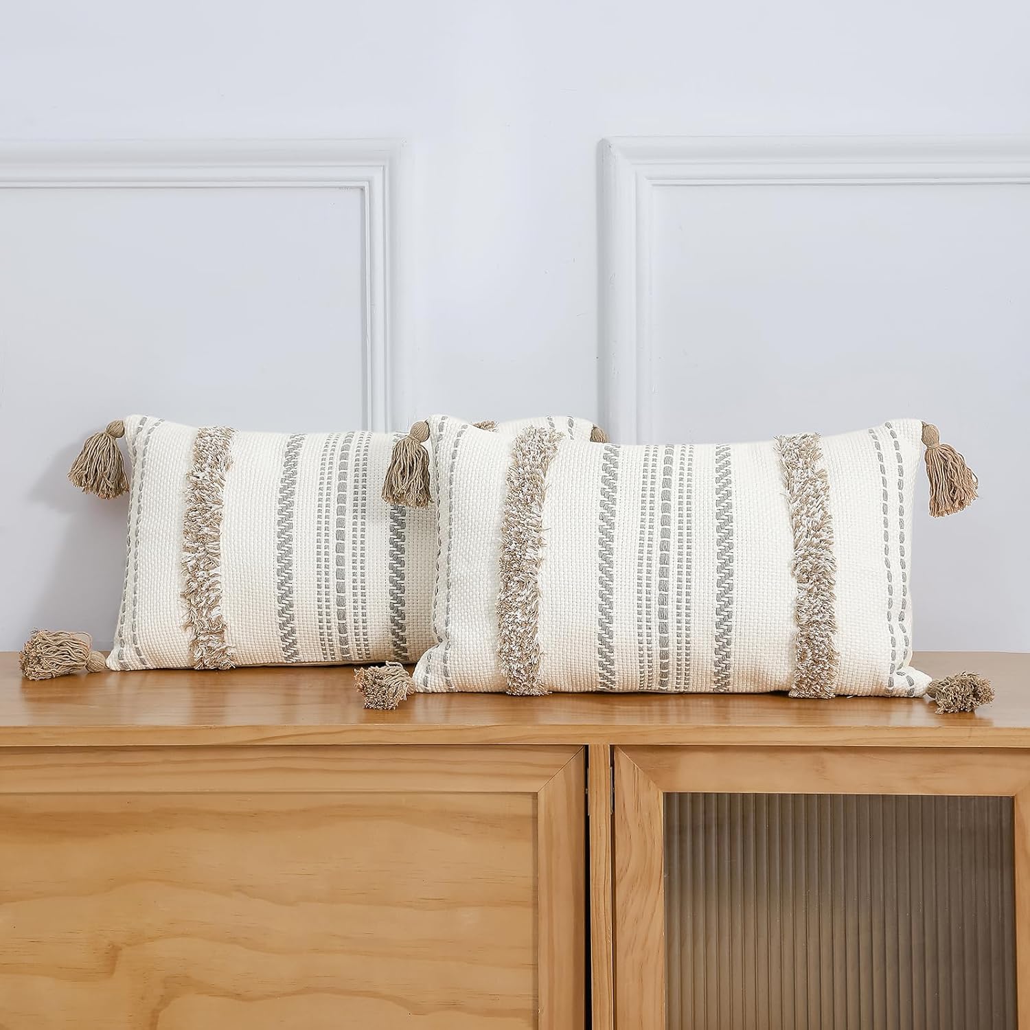 Juego de 2 fundas de almohada decorativas de lino y algodón con borlas, estilo bohemio y copetudo, para cojín lumbar, para sofá y cama, 12 x 20
