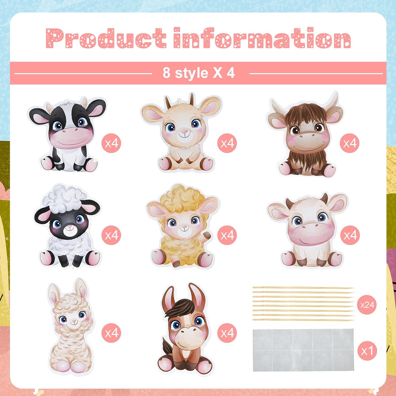 RAYNAG 32 piezas de adornos para cupcakes de animales de granja, decoración rústica para cupcakes, vaca, oveja, burro, decoración de pasteles para