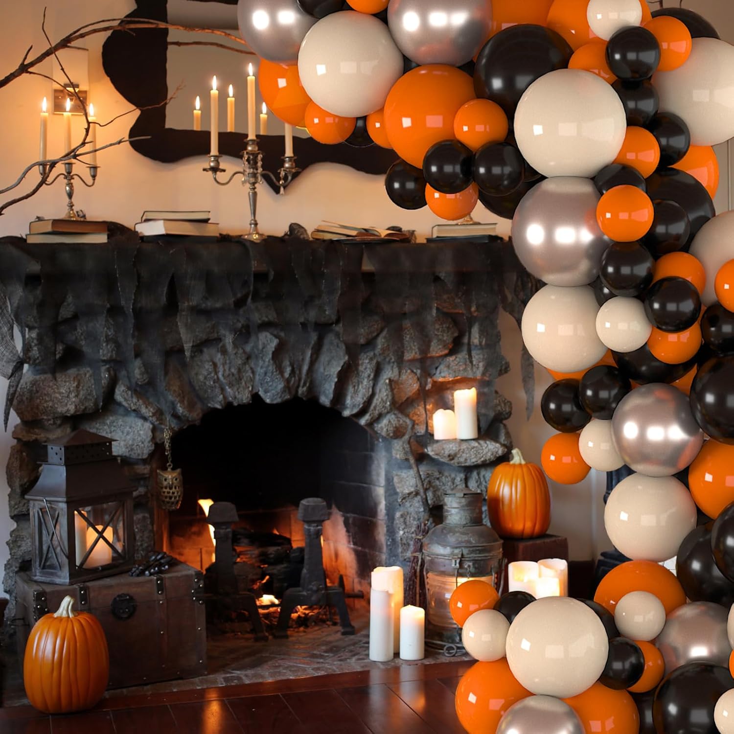 Kit de guirnalda de arco de globos de Halloween, 102 globos de látex naranja negro marfil, decoraciones de fiesta de Halloween para niños y niñas,