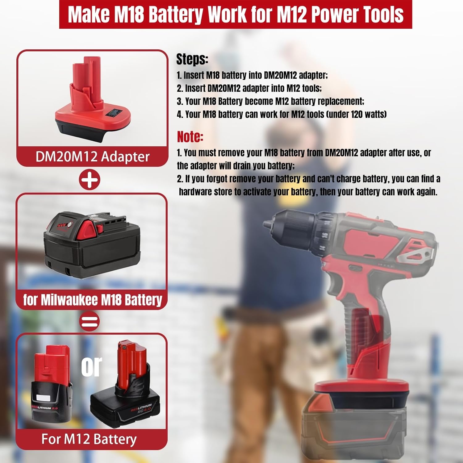 EID Adaptador de batería para Milwaukee, convierte el adaptador M18 a M12, conversión para batería Milwaukee M18 a batería M12 de 12 V, alimentación