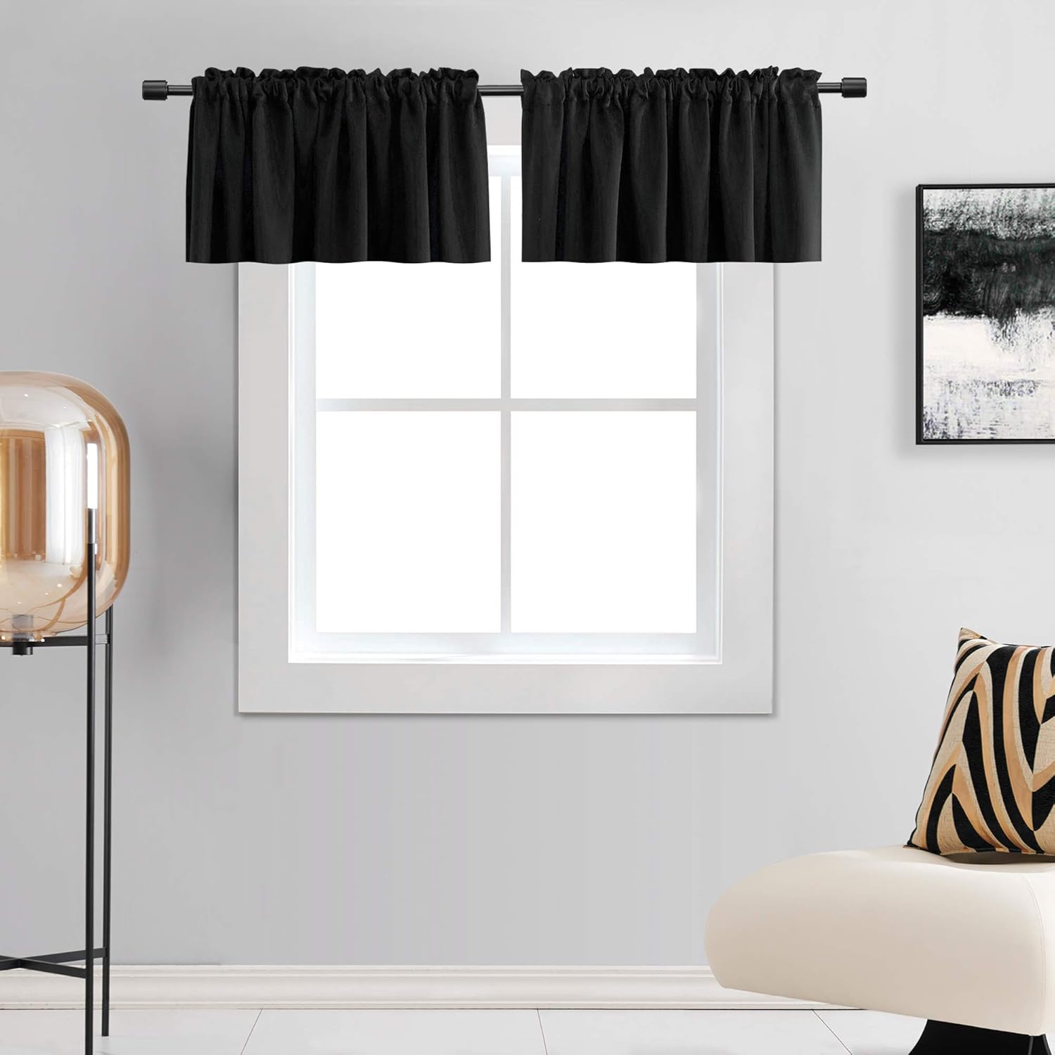 DONREN Cenefas de cortina opacas de 18 pulgadas de largo para ventanas, 2 paneles de cenefas opacas para ventana de sótano con bolsillo para barra