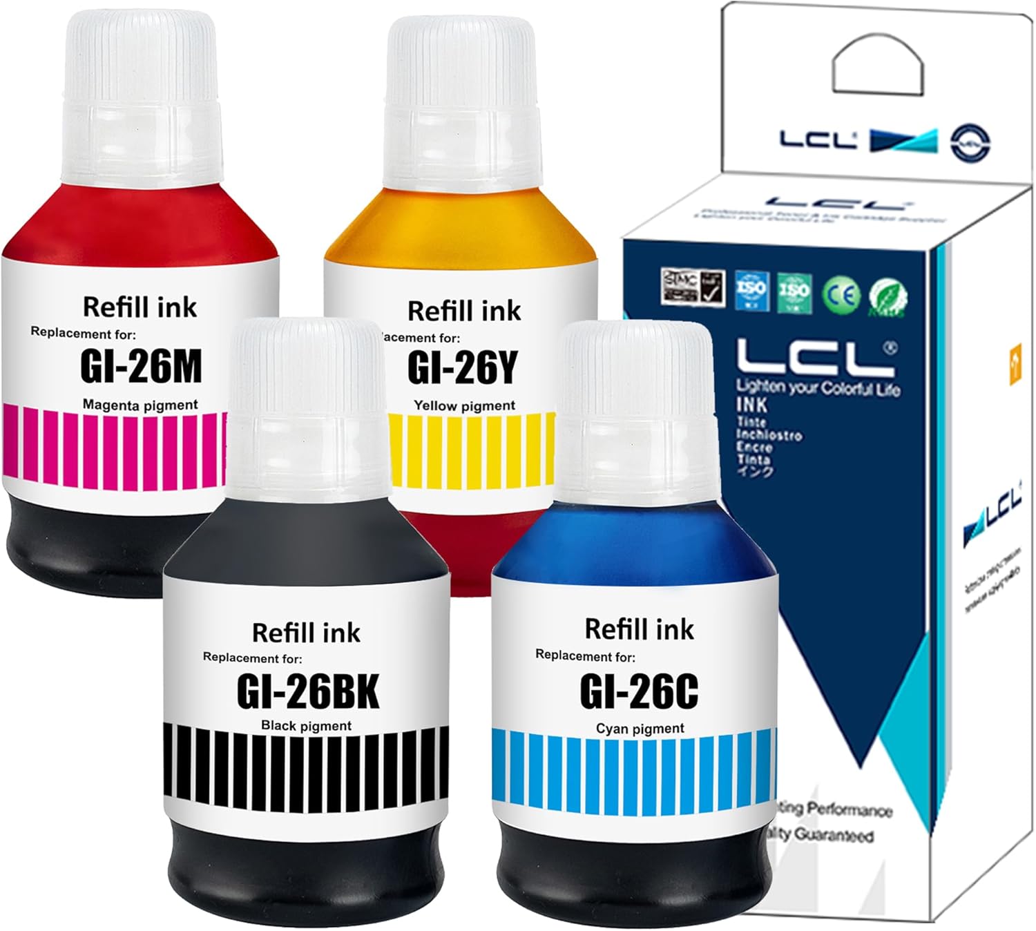 LCL Botella de tinta de repuesto compatible para Canon GI26 GI-26 BK GI-26BK GI-26C GI-26M GI-26Y MAXIFY GX6020 GX7020 GX3020 GX4020 GX5020 (paquete