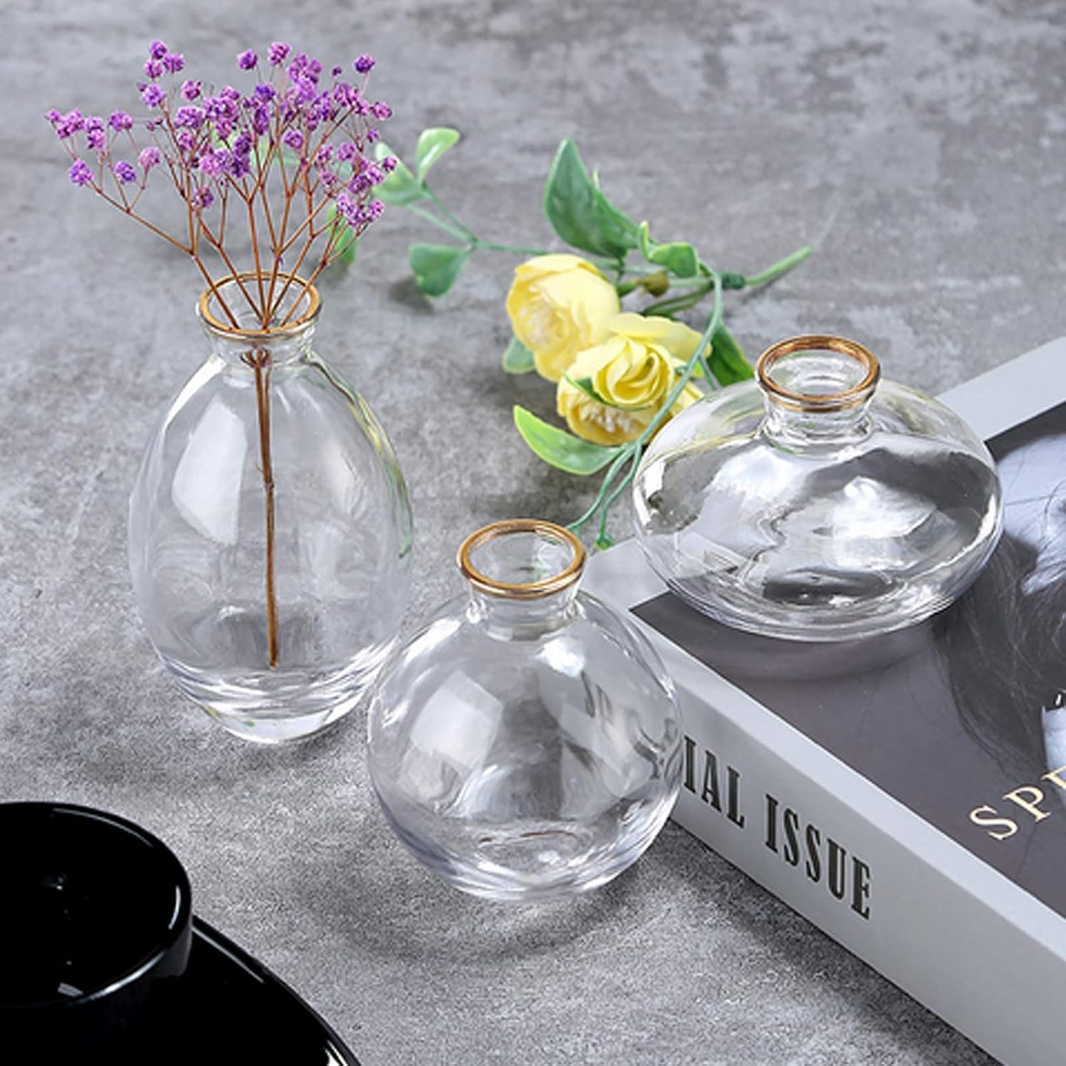 Small Vases for Centerpieces Glass Esmiome – Clear with Gold Rim 3pcsSet Bud Vases, Short Minimalist Vase Clear Modern Flower Vase Mini Tiny Vases