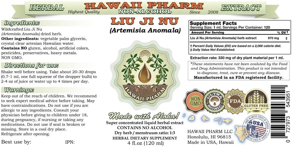 Liu Ji Nu Extracto líquido sin alcohol, Liu Ji Nu, Artemesia (Artemisia Anomala) Suplemento herbario de glicerita de hierbas 2 oz