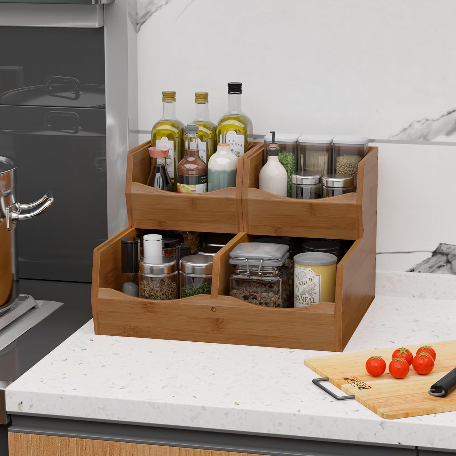 Contenedores apilables con frente abierto, almacenamiento apilable, juego de 3 piezas apilables de bambú para encimera de cocina para verduras,