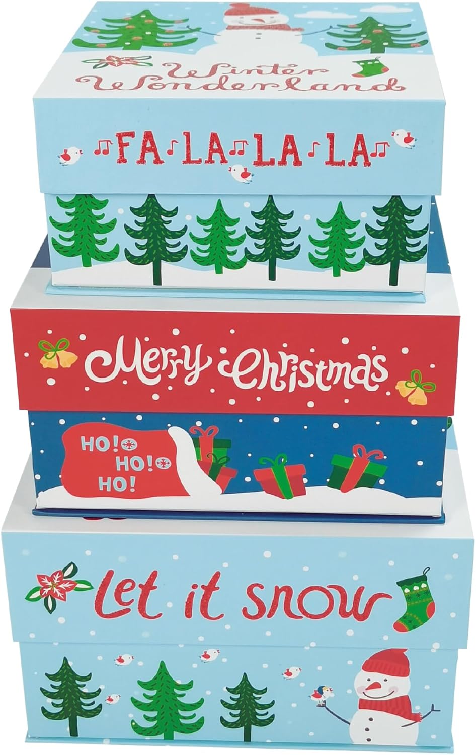 VOTUM Juego de 3 cajas de almacenamiento anidables para las fiestas, contenedores decorativos de cartón apilables con tapas ajustadas y refranes de