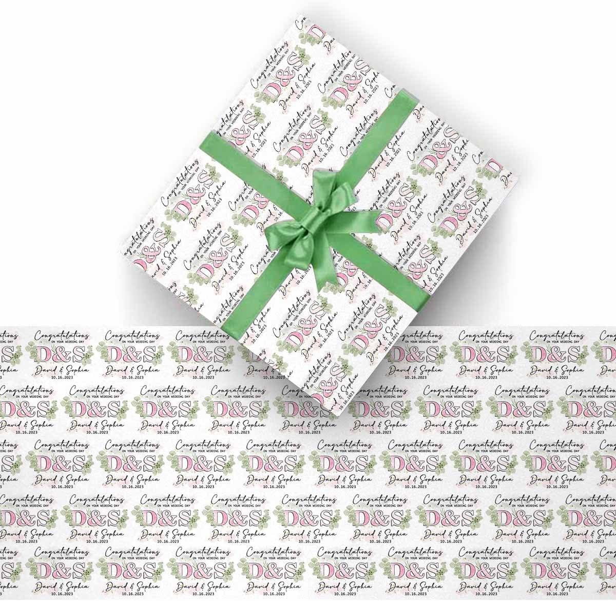 Hoja de papel de regalo de boda personalizada con nombre para novia, novio, día de San Valentín, boda, fiesta, felicitaciones por el día de tu boda,