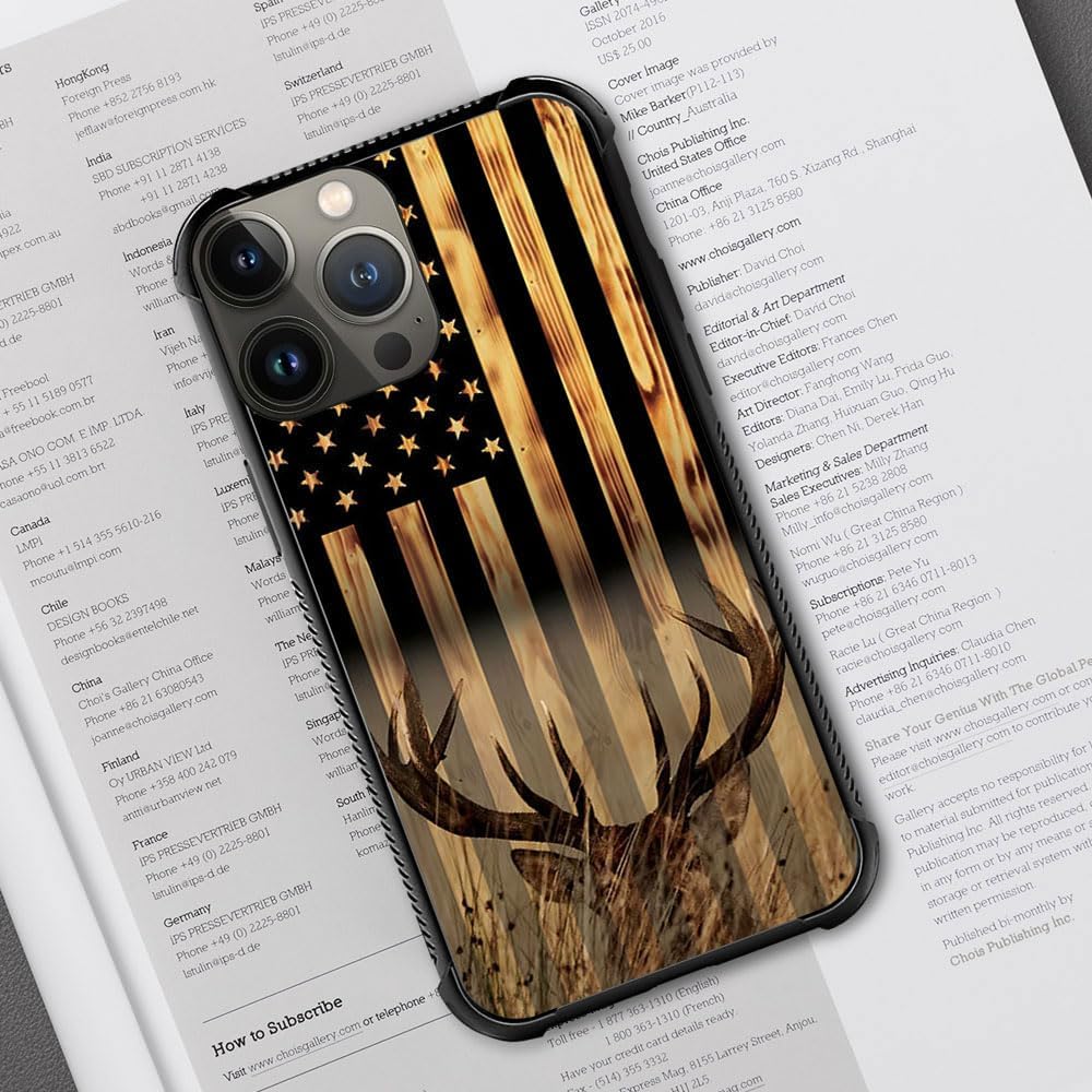 DJSOK Funda compatible con iPhone 15 Pro Max, funda de grano de madera con la bandera estadounidense Buck Hunter Deer para iPhone 15 Pro Max, fundas