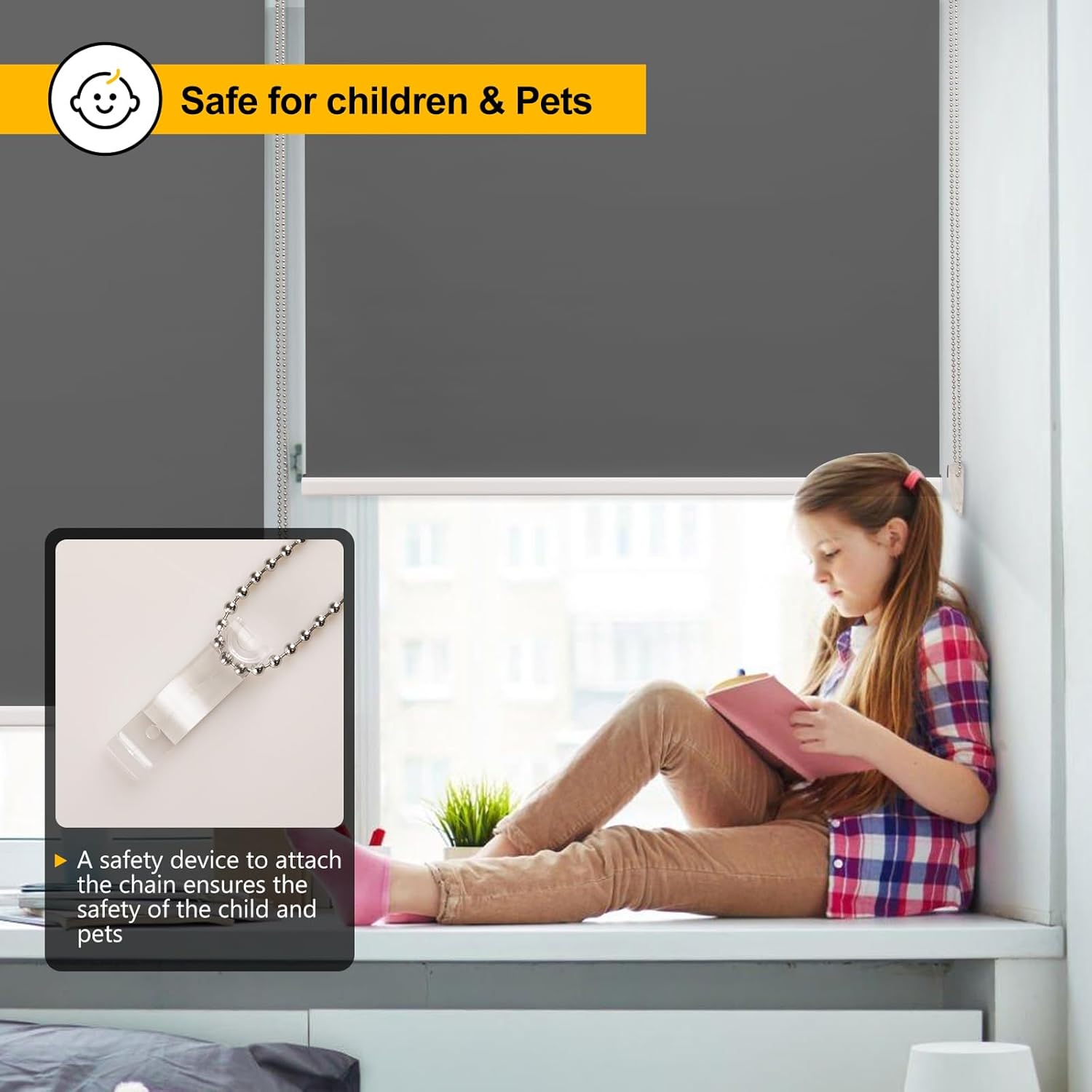 Homland Persianas opacas para ventanas con aislamiento térmico y protección UV, 100% sombra solar, cordón de cuentas de metal, persianas enrollables