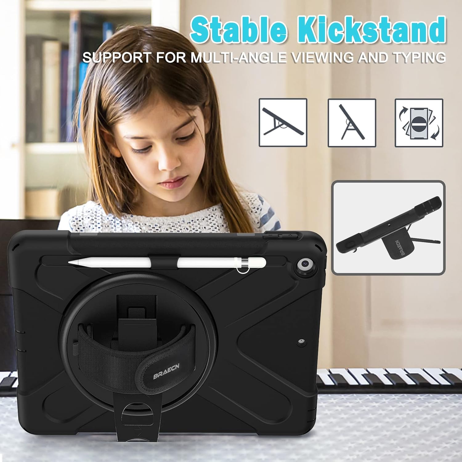 BRAECN Funda para iPad de 987 generación, resistente a los golpes, con protector de pantalla, soporte para lápices, soporte para tapa de lápiz,