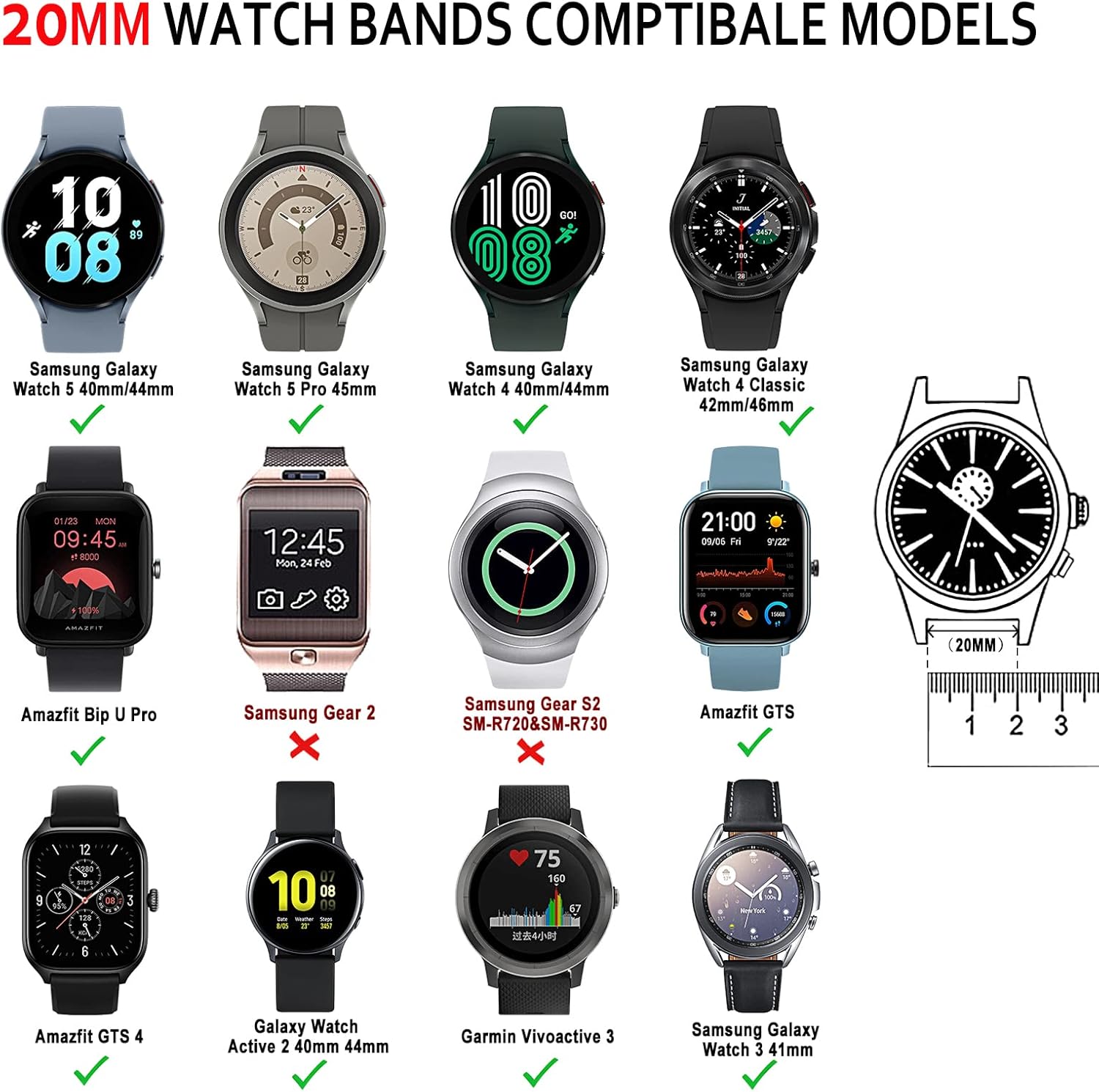 ALMNVO Paquete de 3 correas elásticas de nailon trenzado de 0.787in para Samsung Galaxy Watch 5 de 1.575in, 1.732in, 5 Pro de 1.772in, 0.157in,