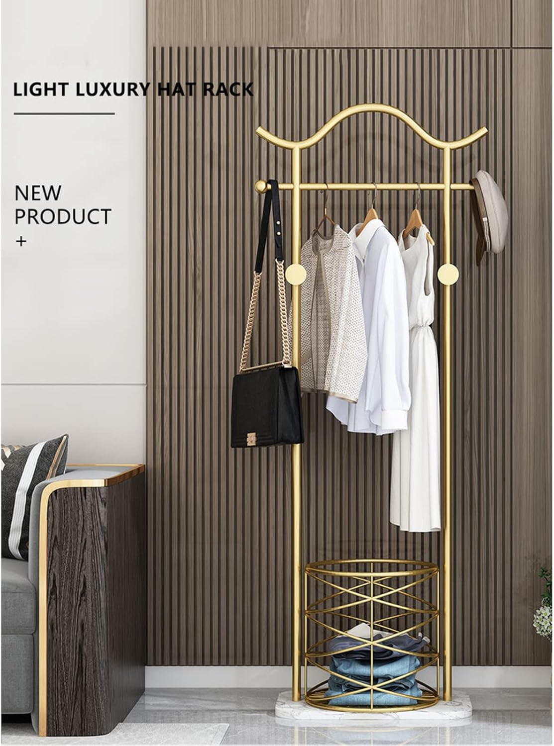 Perchero dorado con cesta de almacenamiento, base de mármol resistente y estable, soporte de exhibición de tienda de ropa para organización y ropa