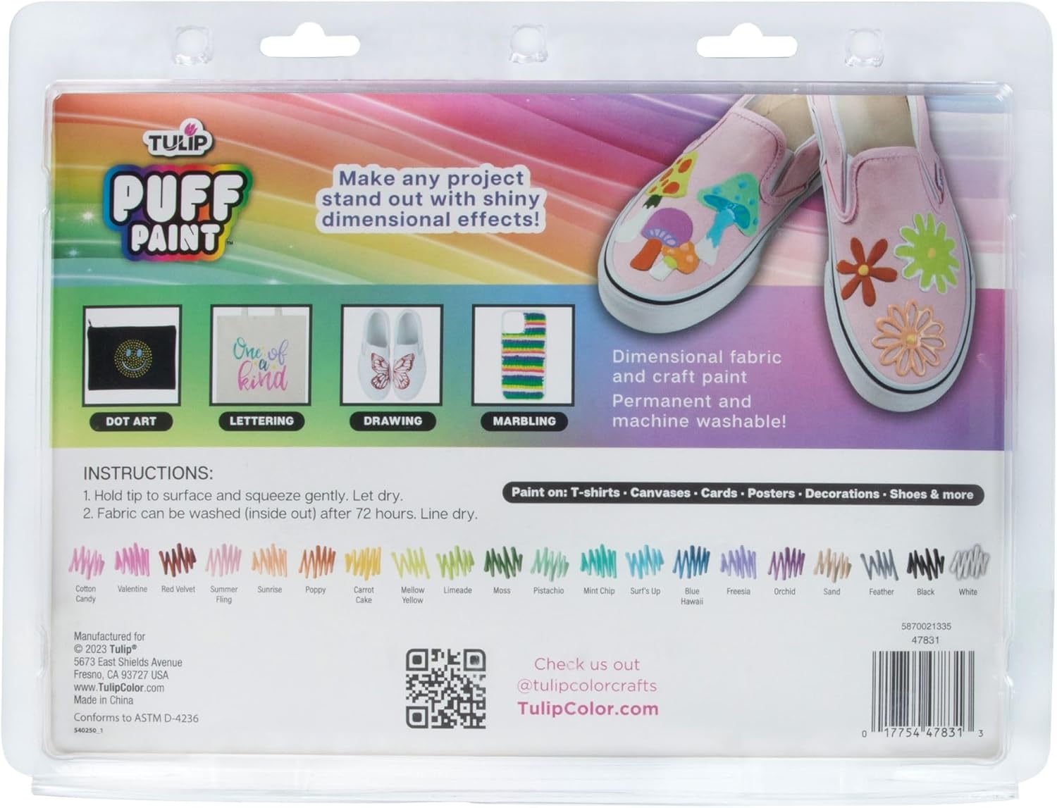 TULIP Puff Paint – Paquete de 20 unidades, arcoíris suave, paquete de pintura de tela dimesnional