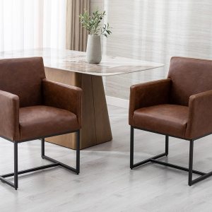 HNY Juego de 2 sillas de comedor tapizadas modernas de mediados de siglo con brazos, sillas decorativas de piel sintética con marco de metal acabado HNY Juego de 2 sillas de comedor tapizadas modernas de mediados de siglo con brazos, sillas decorativas de piel sintética con marco de metal acabado