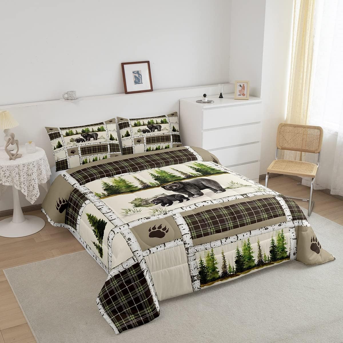 Juego de ropa de cama individual de oso negro, edredón retro de animales de bosque de caza para cabaña de campo, juego de edredón de retazos verde y