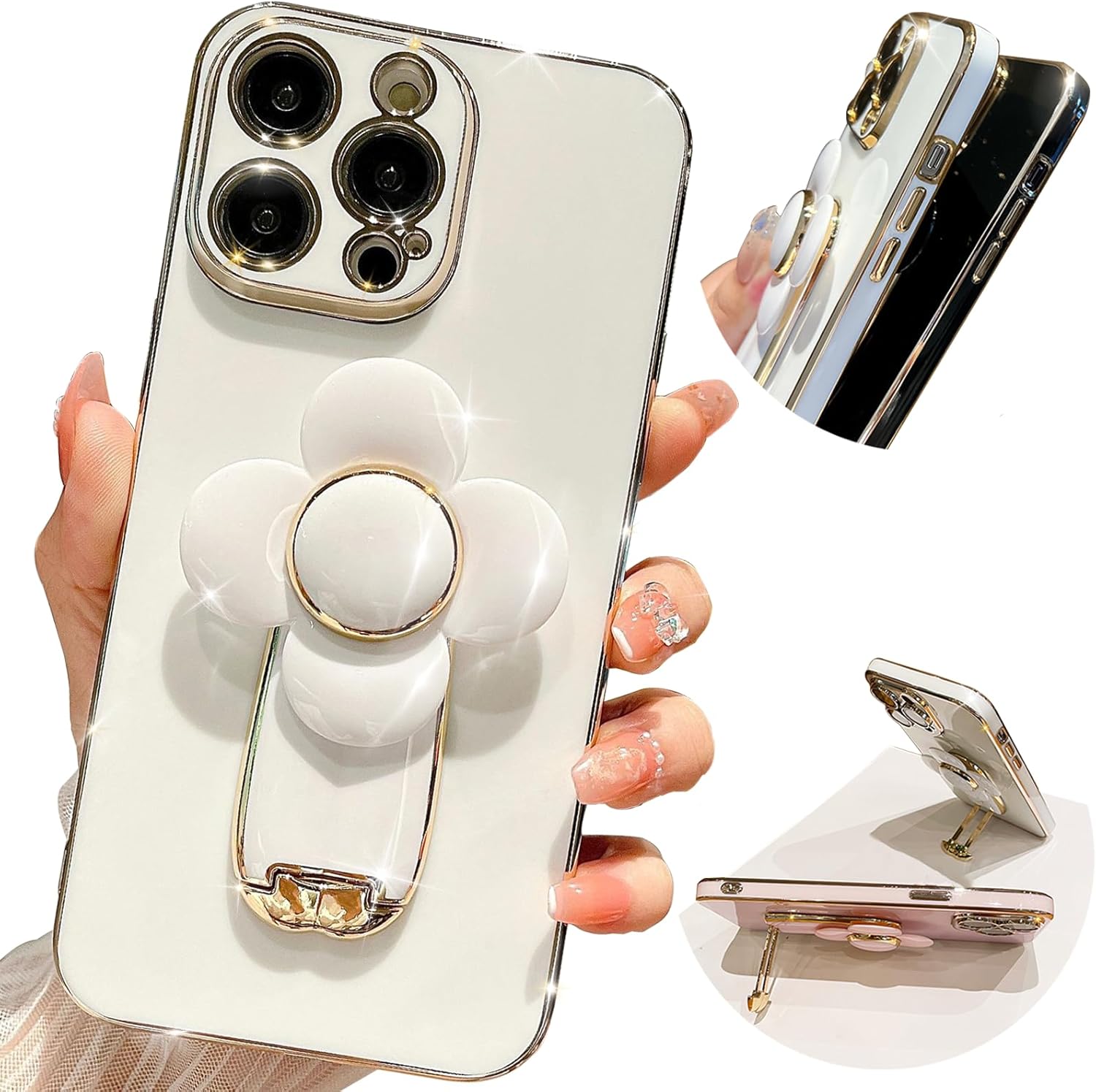 Compatible con iPhone 13 Funda protectora de lujo chapada en oro con soporte oculto, bonita funda giratoria para reducir el estrés, molino de