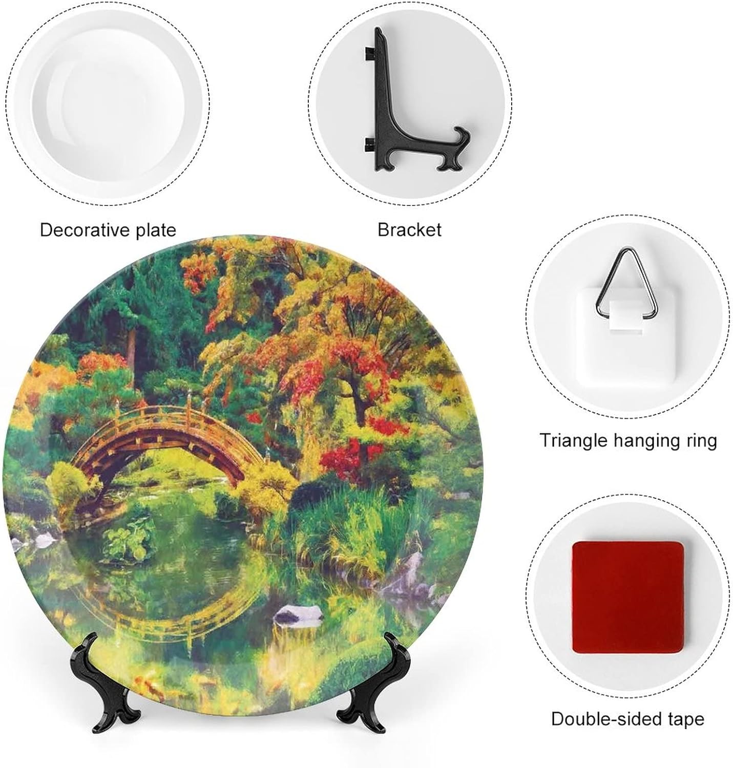 Plato decorativo de 8 pulgadas, plato de vajilla de decoración campestre, imagen de hadas del jardín japonés con estampado de puente antiguo