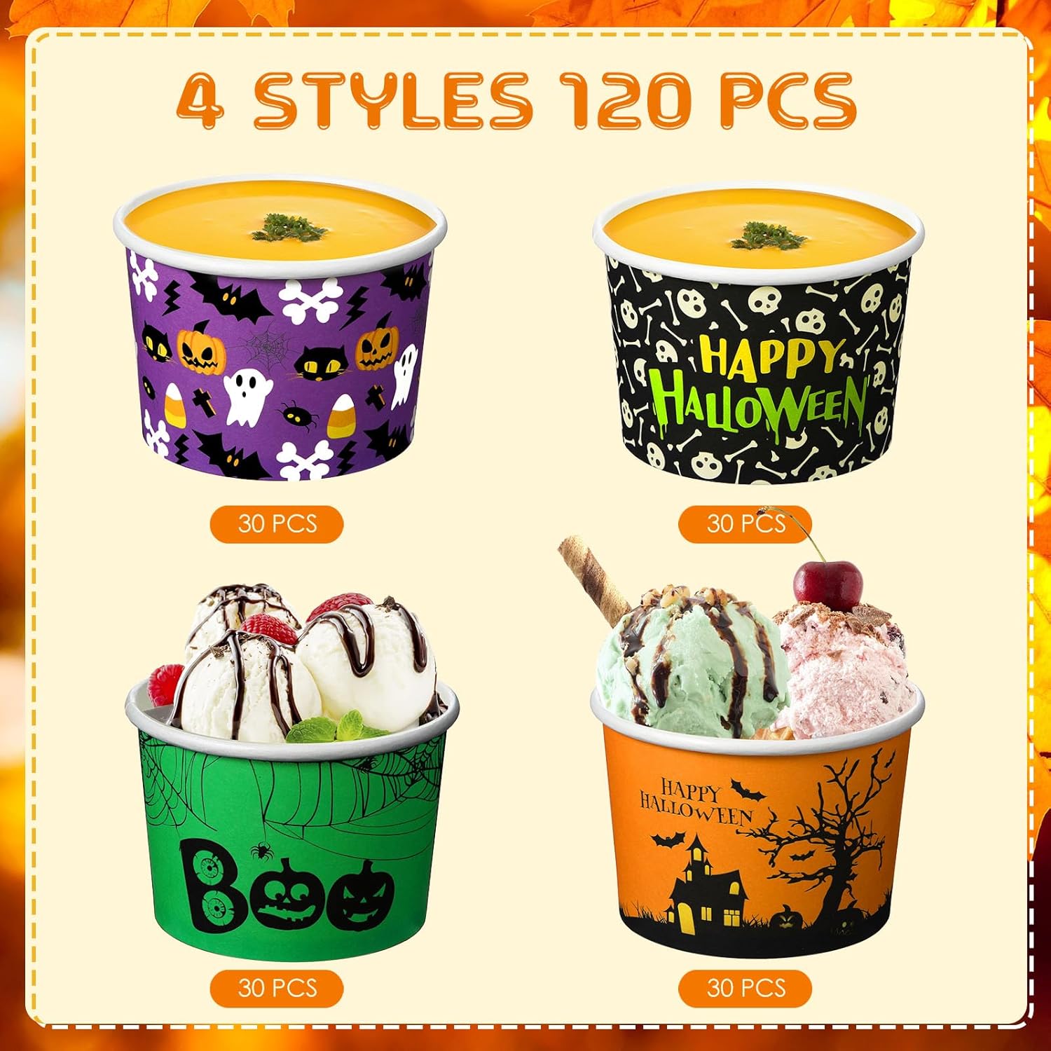 Hsei Paquete de 120 tazas de aperitivos de Halloween de 9 onzas, tazas de helado de Halloween, cuencos de papel de calabaza fantasma para dulce o