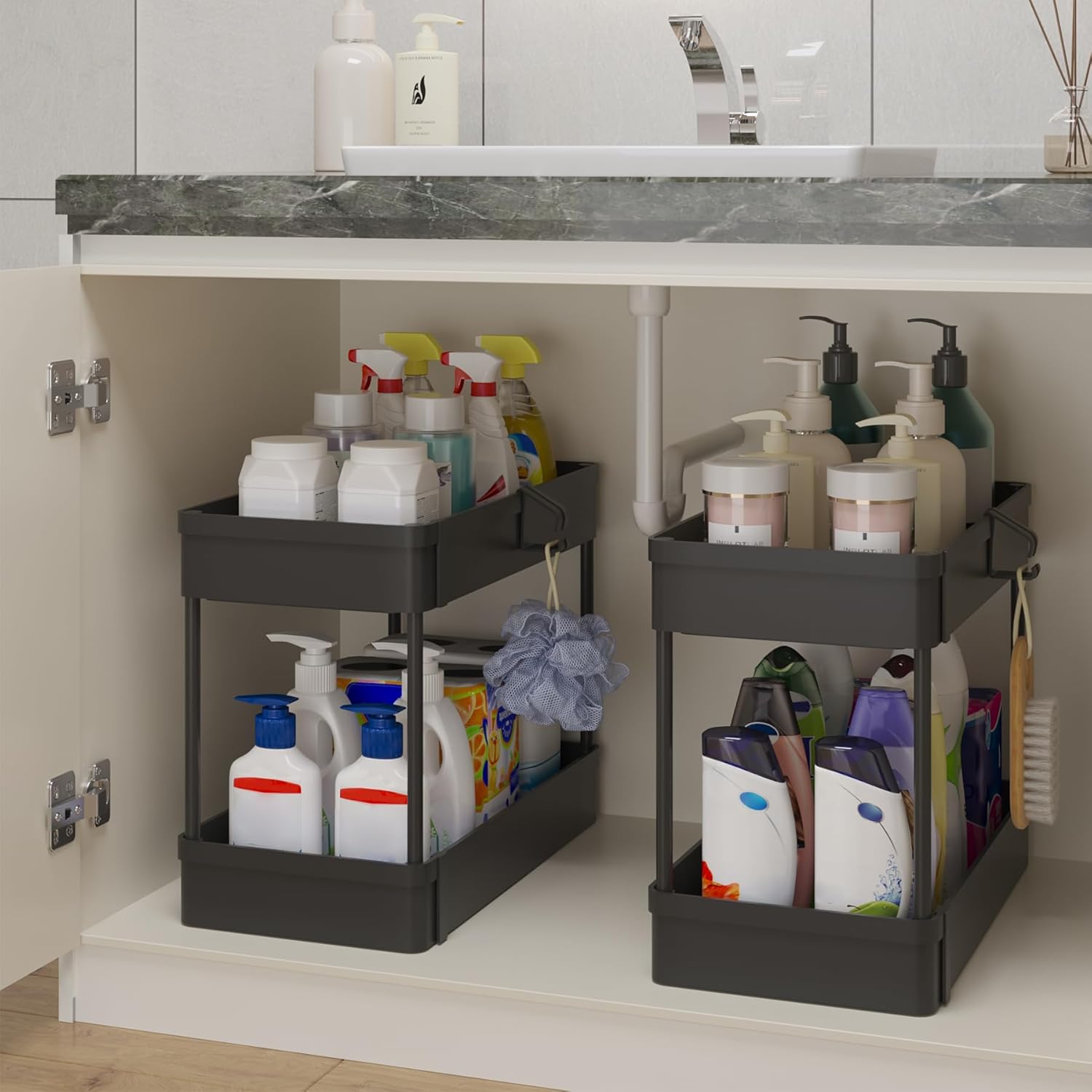 Organizador de almacenamiento para debajo del fregadero, cesta de almacenamiento de 2 niveles para debajo del baño, carrito de almacenamiento