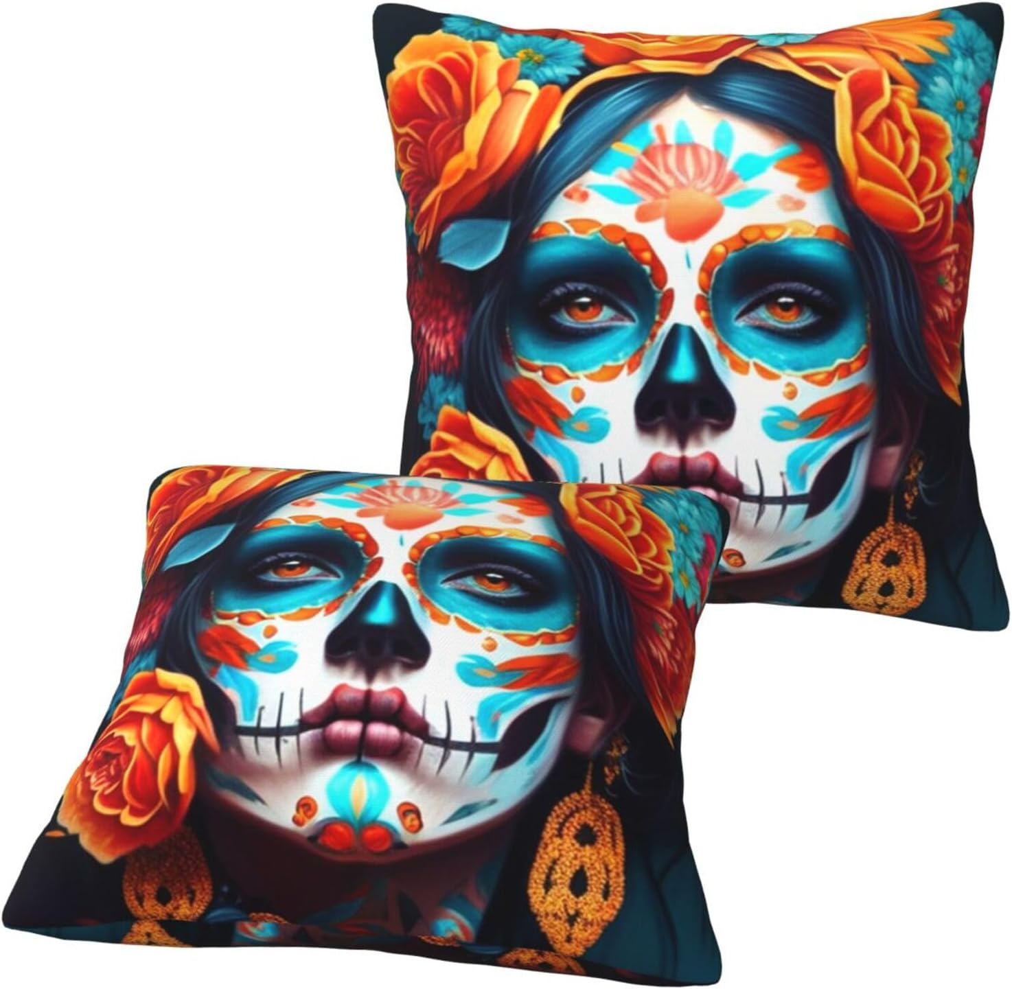 2 fundas de almohada del Día de los Muertos, fundas de almohada decorativas para mujer, diseño de calavera mexicana, funda de cojín cuadrada para