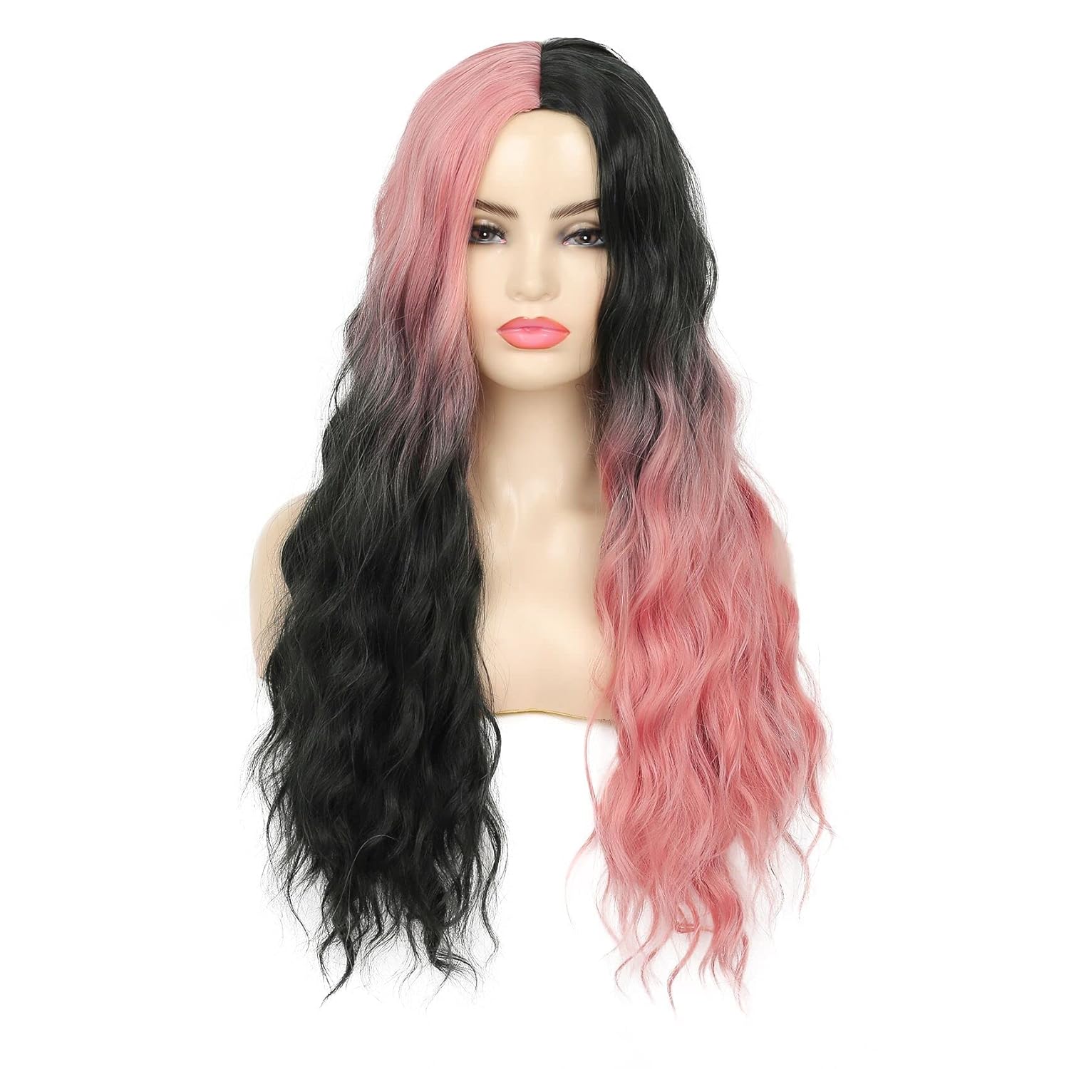 Swiking Peluca media rosa mitad negra para mujer, cabello sintético largo rizado, resistente al calor, peluca completa natural para uso diario,