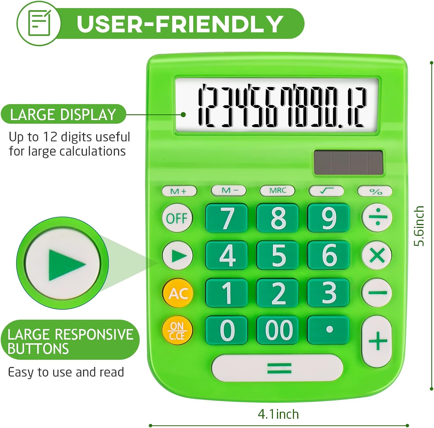 Calculadoras de escritorio, botón grande de pantalla grande, energía solar y de batería dual, 12 dígitos pequeña calculadora funcional básica
