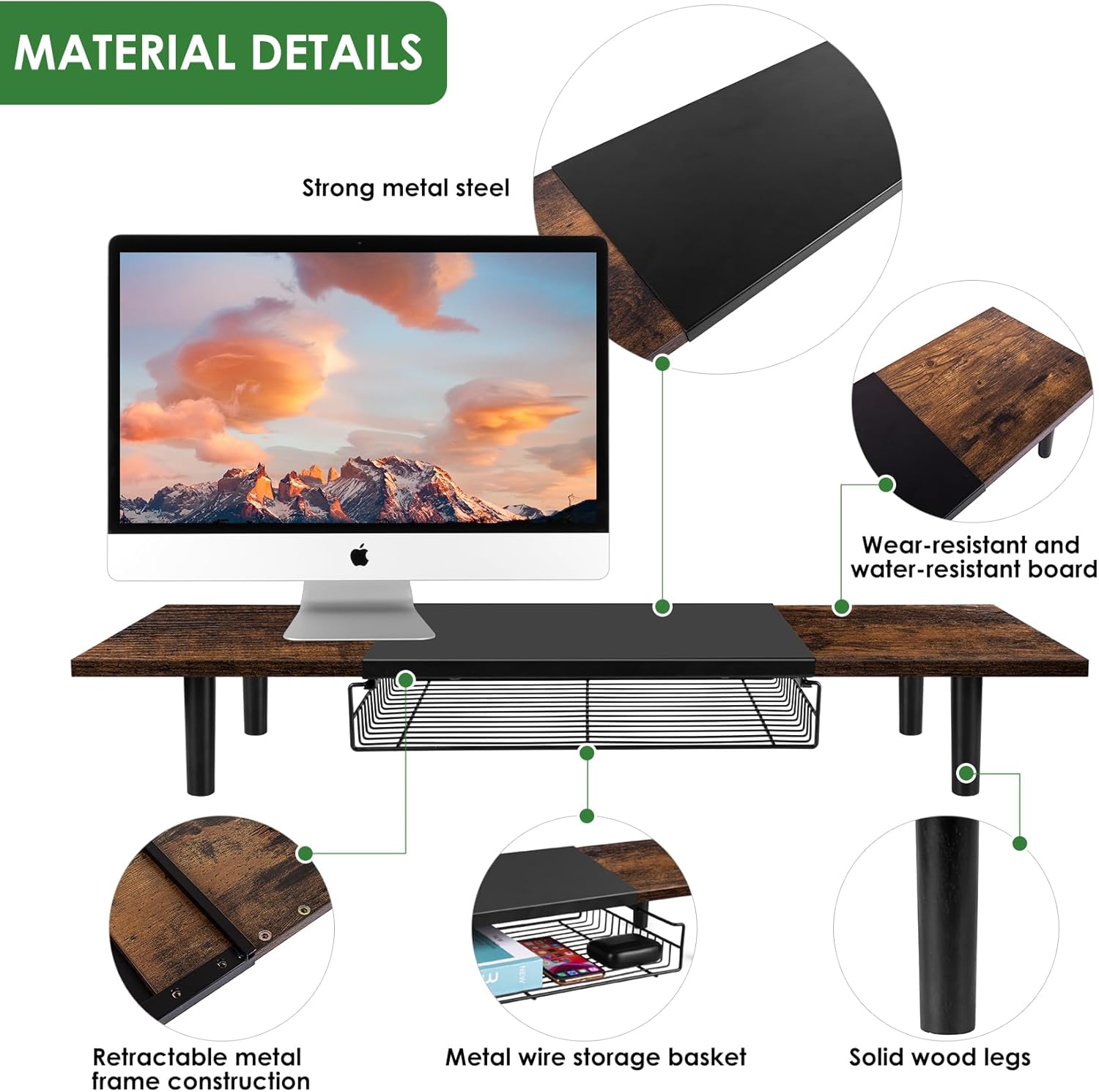 Soporte de monitor doble para 2 monitores, elevador de TV grande con organizador de escritorio de longitud ajustable, soporte de monitor de
