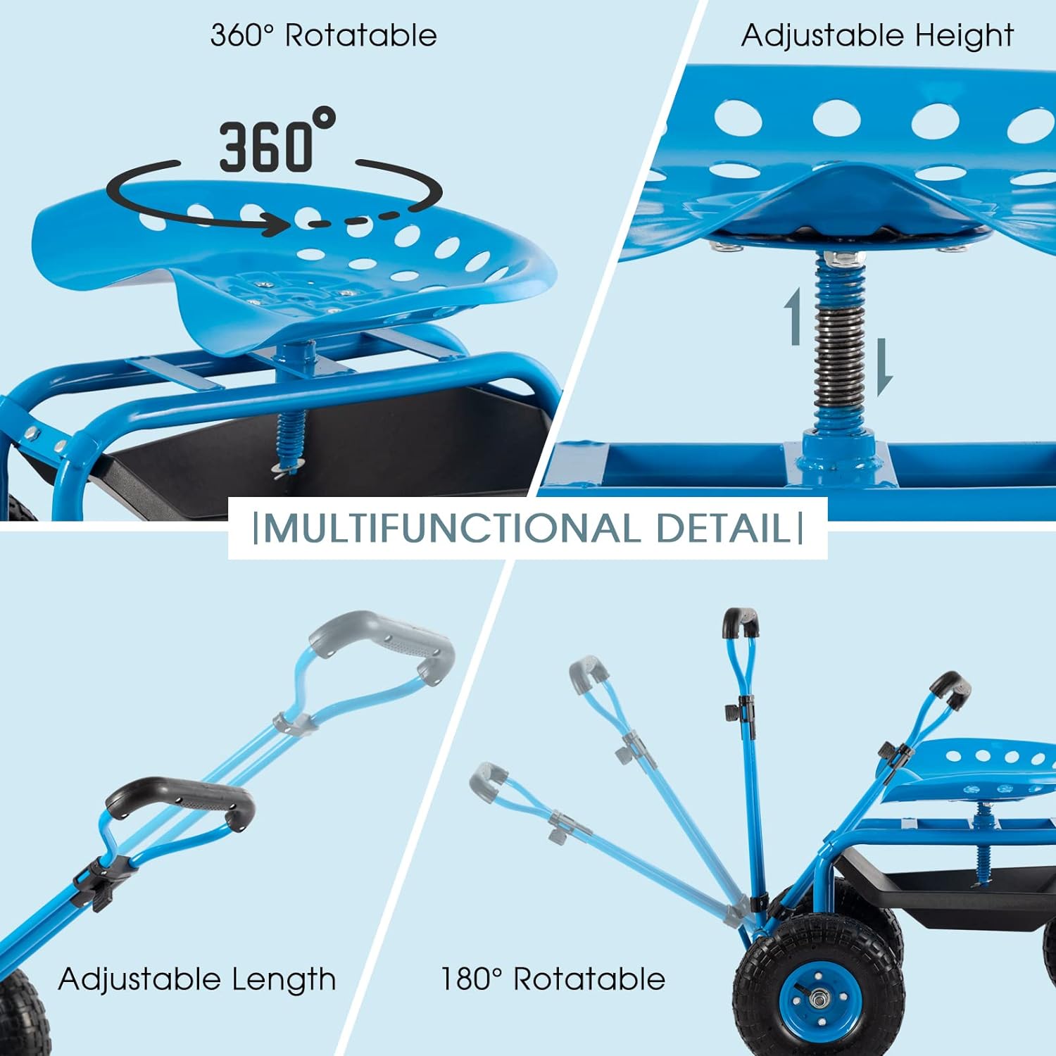 Carrito de herramientas de jardín con asiento resistente con asa y almacenamiento para personas mayores, carrito de jardín con ruedas, azul