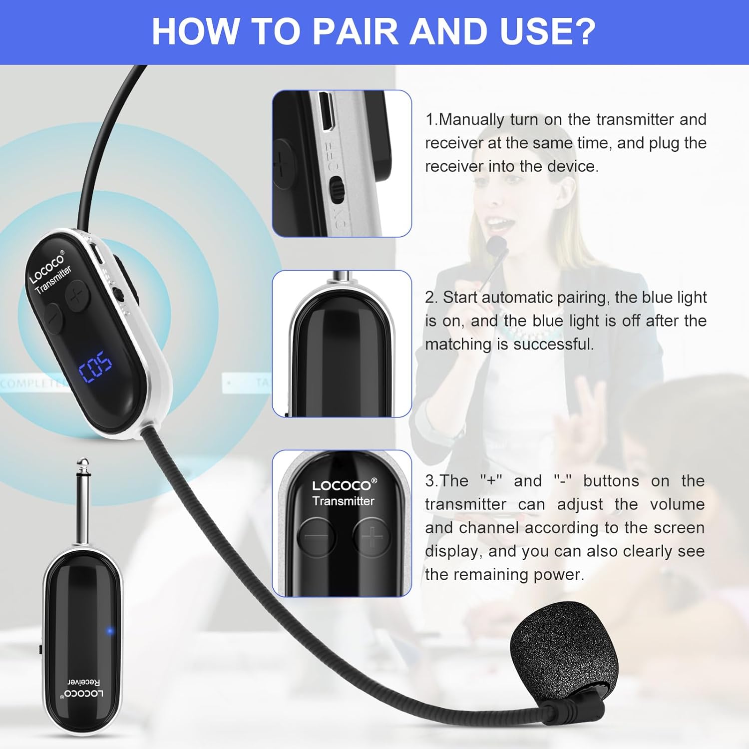 Sistema de micrófono inalámbrico UHF Auriculares con micrófono – Pantalla digital LED, micrófono de mano de cabeza 2 en 1, tiempo de trabajo 6H,