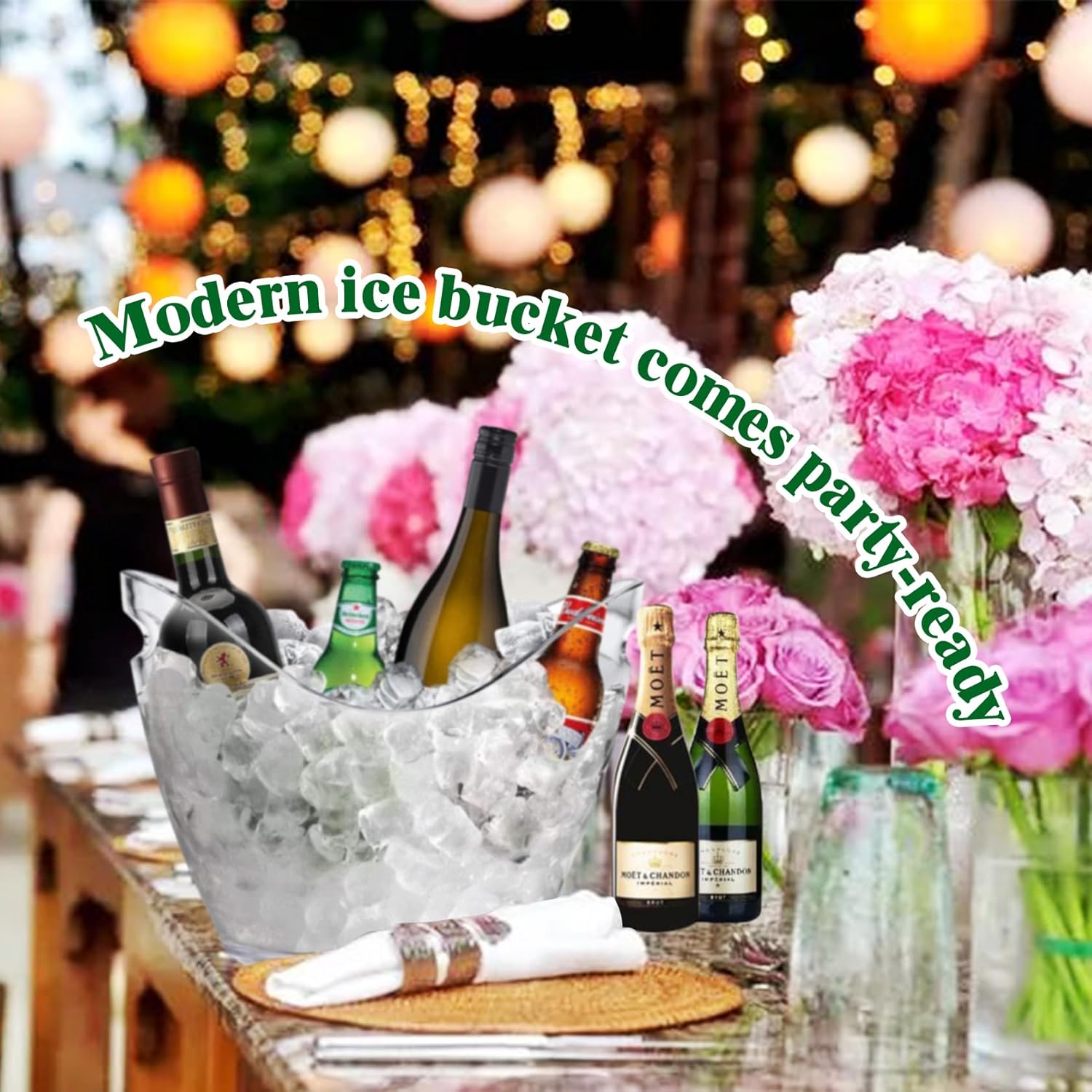 Bonchoice Cubo de hielo de 4 litros y 8 litros, cubeta de bebidas para vino champán para fiestas, tina de hielo acrílico de plástico con cucharas