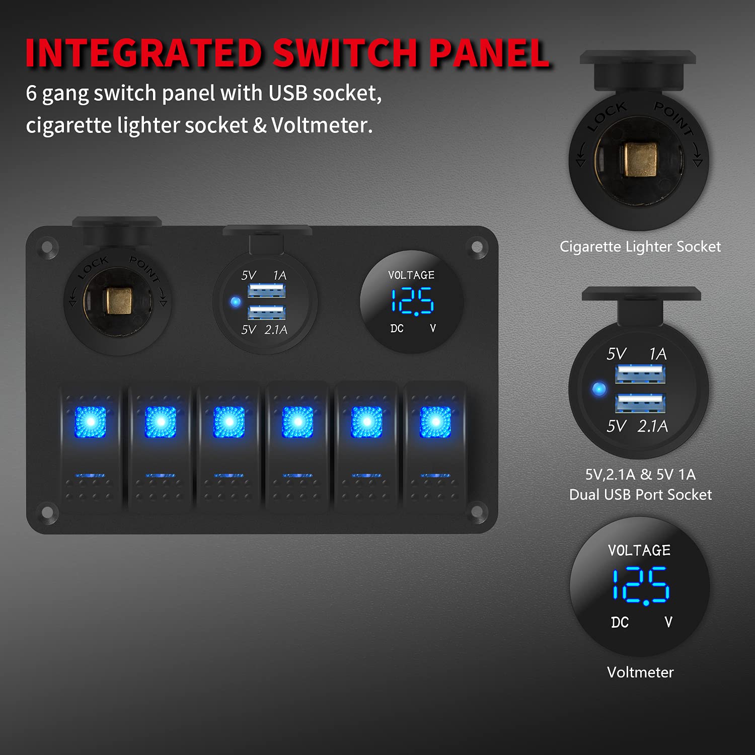 DaierTek Panel de interruptor basculante marino de 6 cuadras, 12 voltios con encendedor de cigarrillos USB, voltímetro + bloque de fusibles de 12 V,