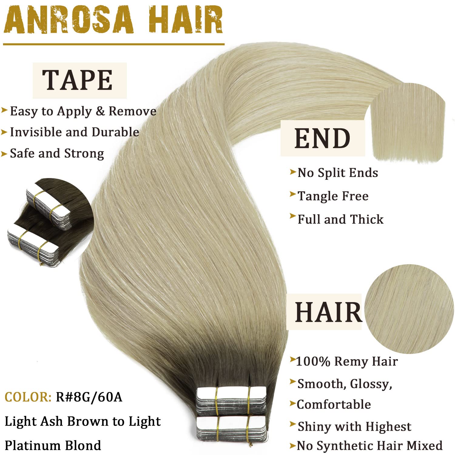 Anrosa Extensiones de cabello humano con cinta adhesiva, 14 pulgadas, color marrón ceniza a rubio, extensiones de cabello humano Remy, extensiones