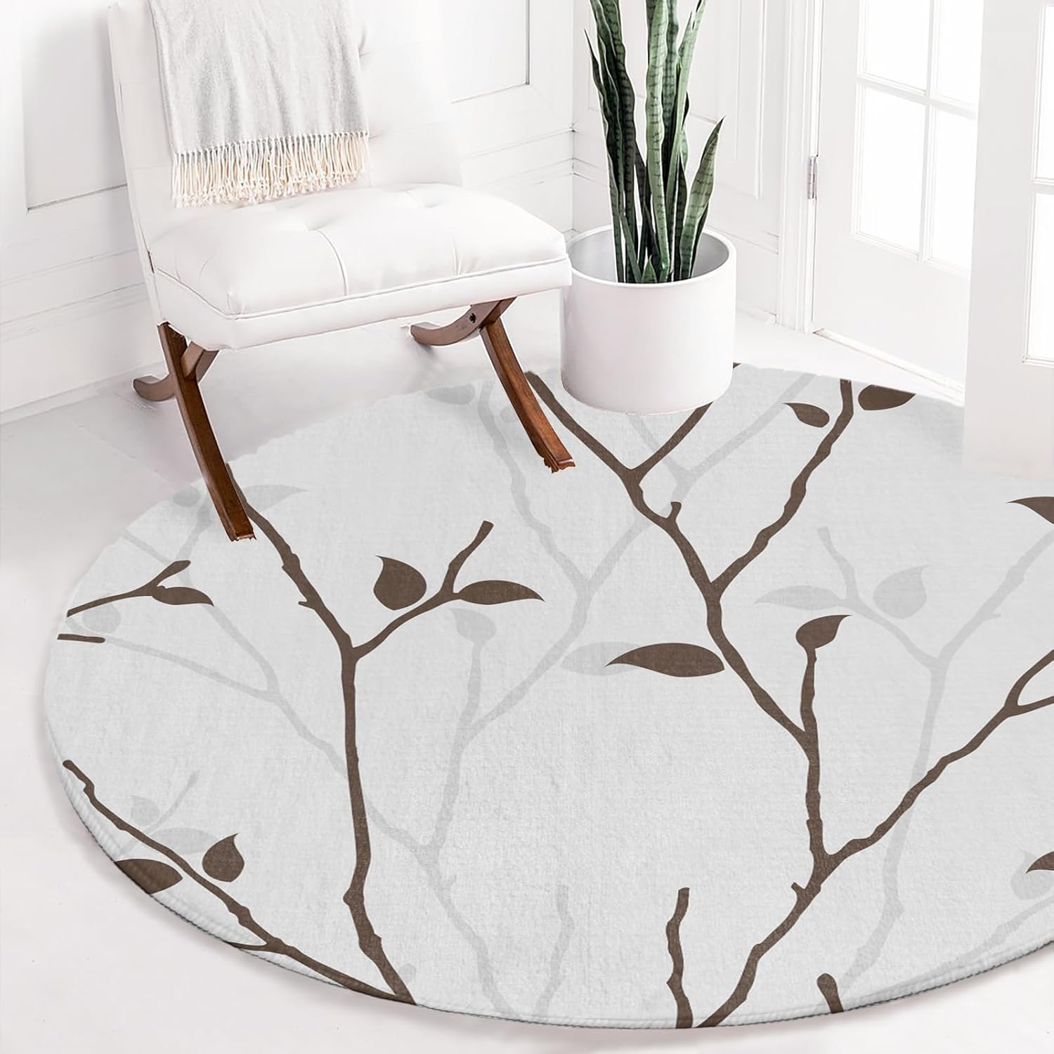 Round Rug 5Ft, Dead Branch Outline Soft Round Area Rug Machine Washable Non-Slip Circle Rug Carpet Inoor Throw Rug for Living Room Bedroom
