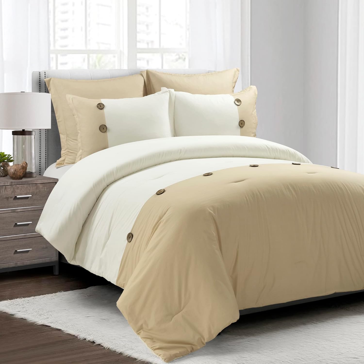 Lush Decor Juego de edredón de 5 piezas con botones de lino, tamaño matrimonialqueen, ropa de cama rústica y elegante con fundas europeas, diseño