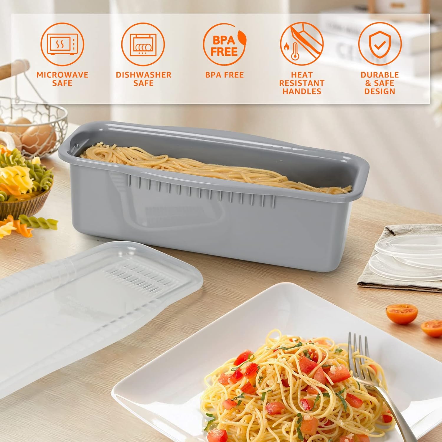 Cocedor de pasta para microondas con tapa de colador, cocina rápida y fácil de 4 porciones, sin pegarse ni esperar a que hierva, perfecta para hacer
