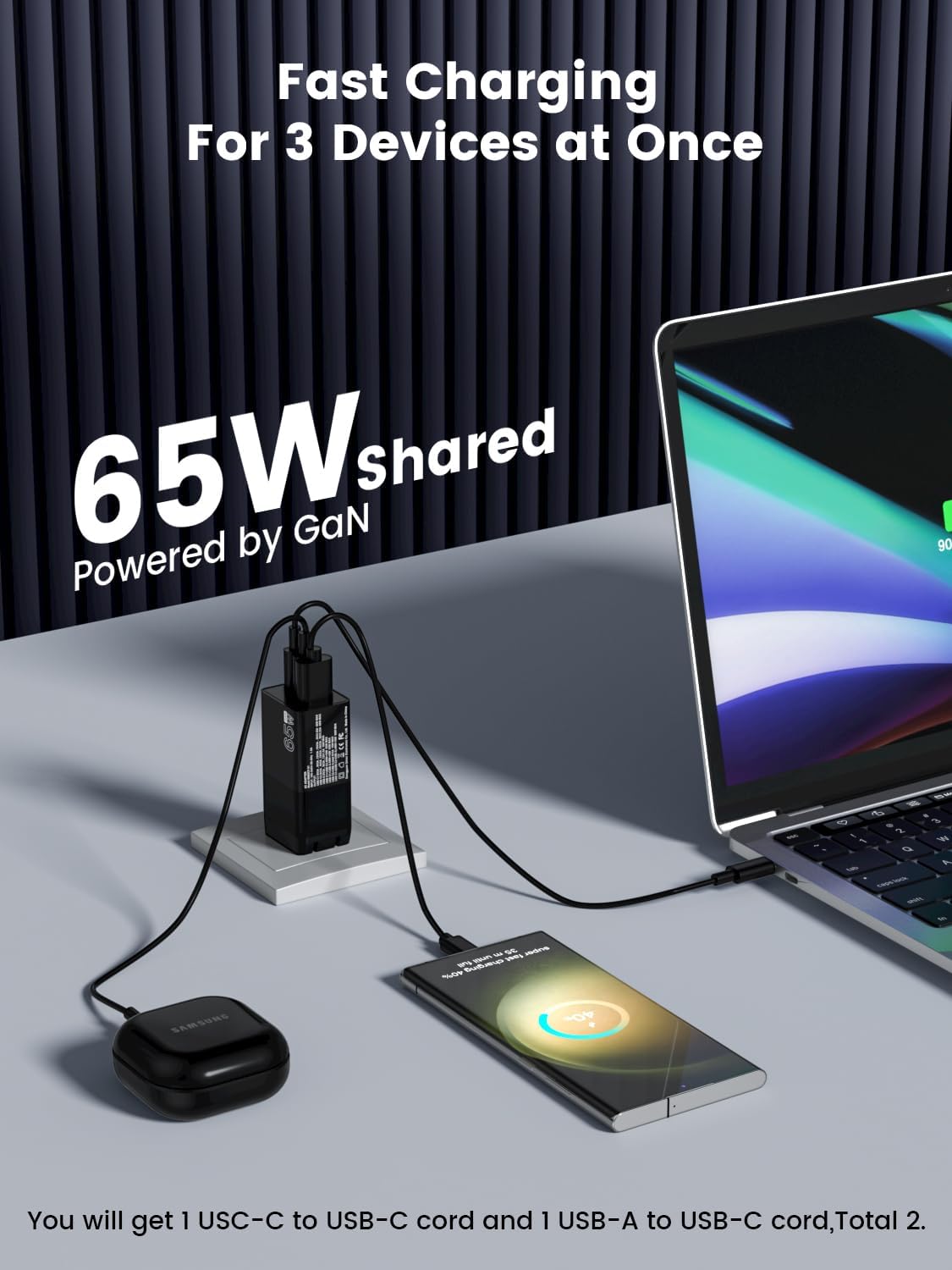 Cargador GaN máximo de 65 W, cargador de pared USB C de 3 puertos, carga rápida, compatible con Samsung Galaxy S23 Ultra S23 S23+ S22 S22 Ultra S22+