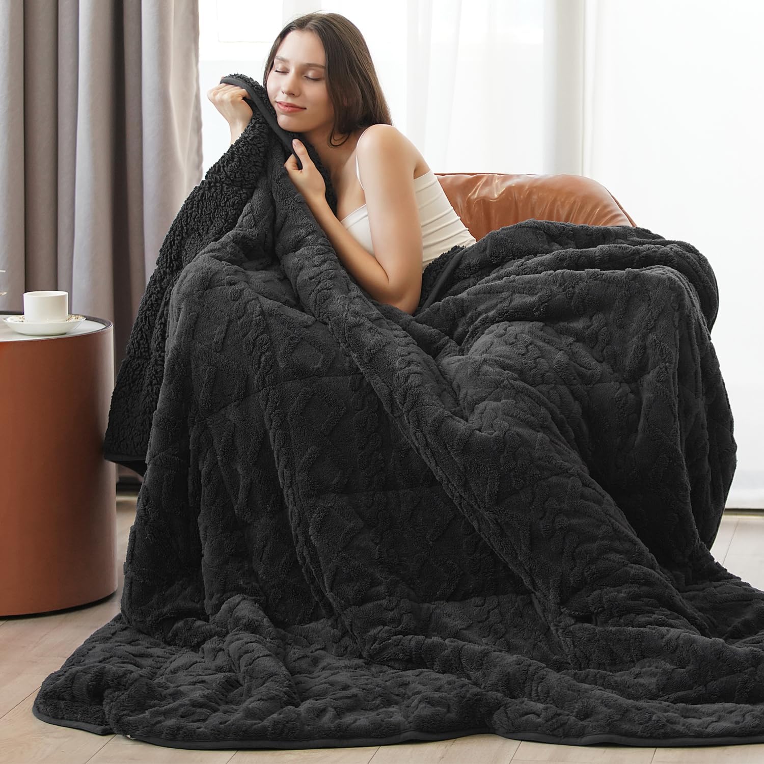 Wemore Manta con peso para adultos, tamaño individual, 15 libras, manta con peso de jacquard suave y mullida de doble cara para dormir, acogedora