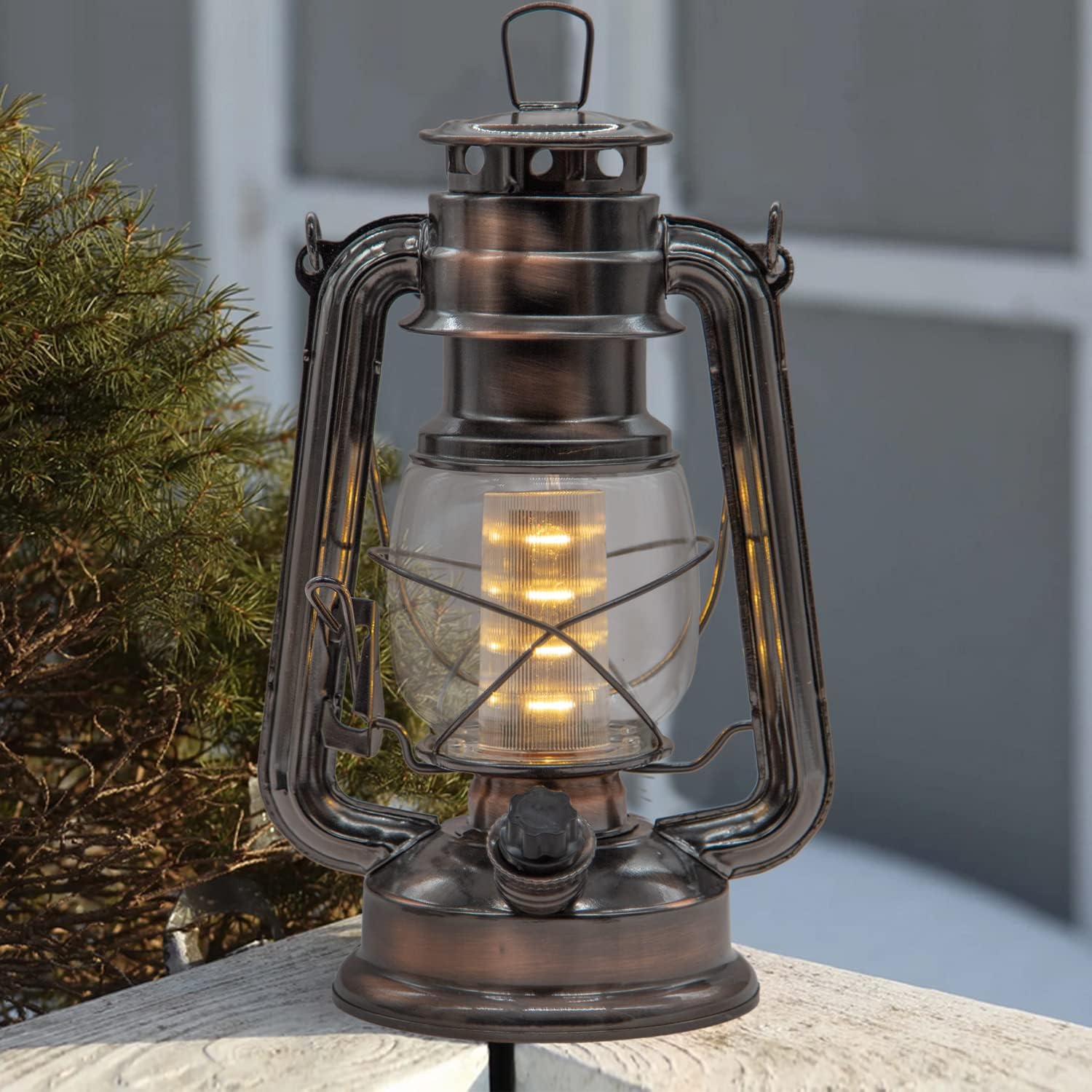 YAKii Linterna LED vintage de metal colgante de huracán, 12 luces LED, interruptor de atenuación, blanco cálido, funciona con pilas, linterna de