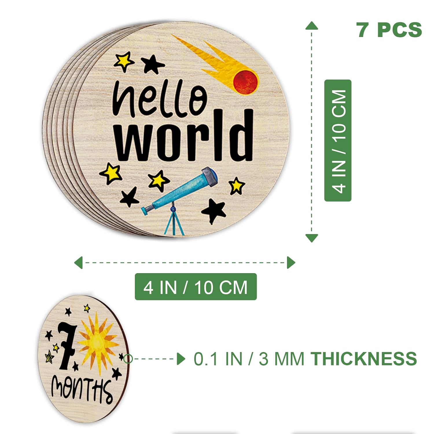 Círculos mensuales de hitos para bebés, discos de madera de astronauta para fotos de bebé tomadas con letreros de Hello World, 7 carteles redondos