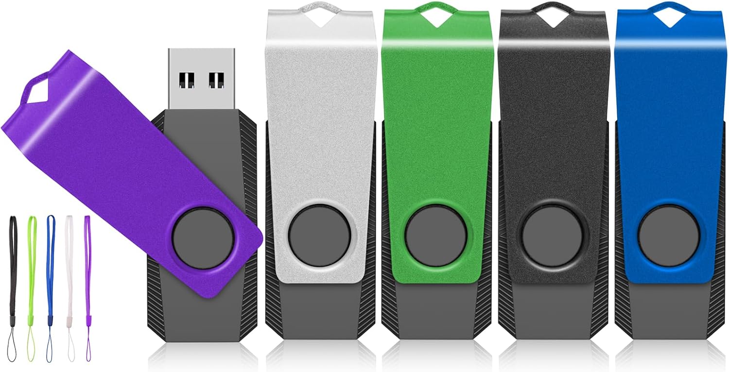 AGECASH – Paquete de 5 unidades flash USB 2.0 de 128 GB, paquete de 5 unidades de memoria USB pendrive de metal giratorio USB Stick Zip Drive Flash