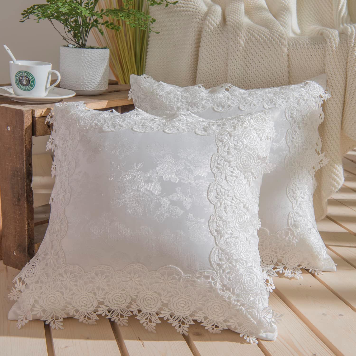 Juego de 2 fundas de almohada europeas de 26 x 26 pulgadas, fundas de almohada de encaje blanco de lujo, estilo vintage, estilo vintage, arte