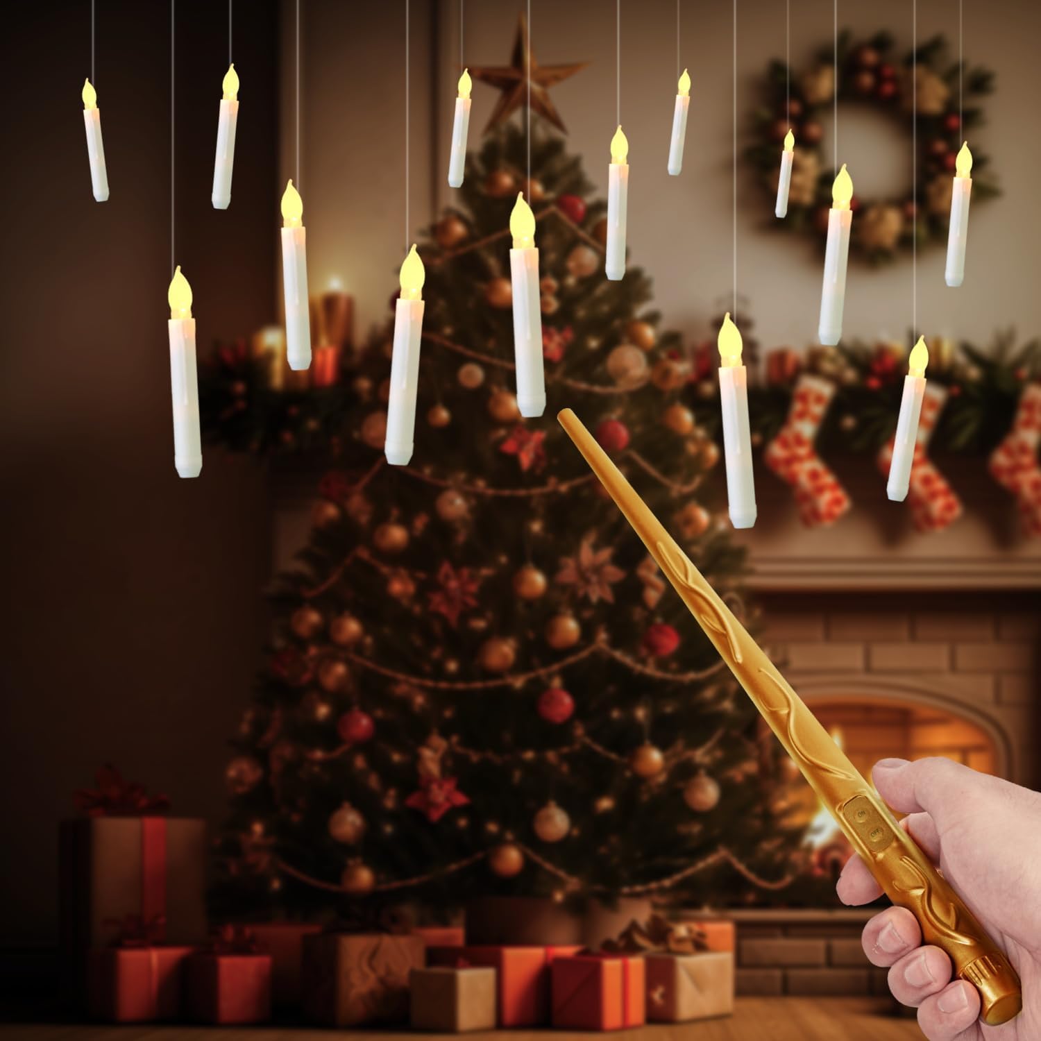 Velas flotantes con varita, 12 velas mágicas colgantes sin llama, luz cálida parpadeante LED con control remoto de varita, juego de velas de ventana