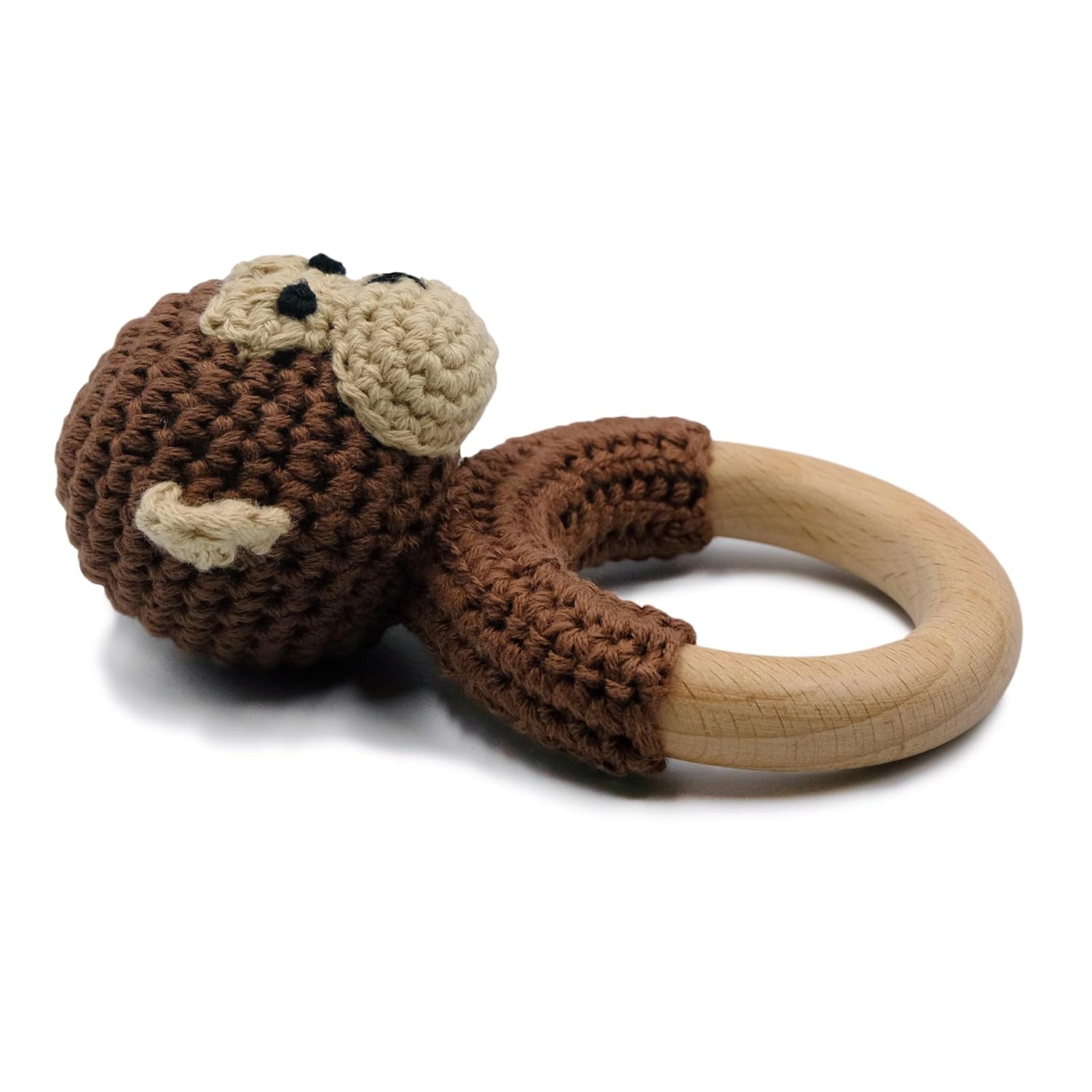 Juguetes de sonajero de madera de animales de safari para bebé, sonajero de ganchillo relleno con anillo de mordedor para recién nacido, mono marrón