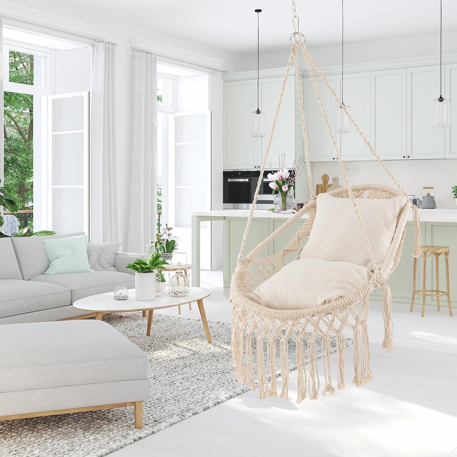 HAPPYGRILL Silla hamaca colgante con cojines de asiento suaves, columpio de macramé para interiores y exteriores, cuerda y cadena resistentes, silla