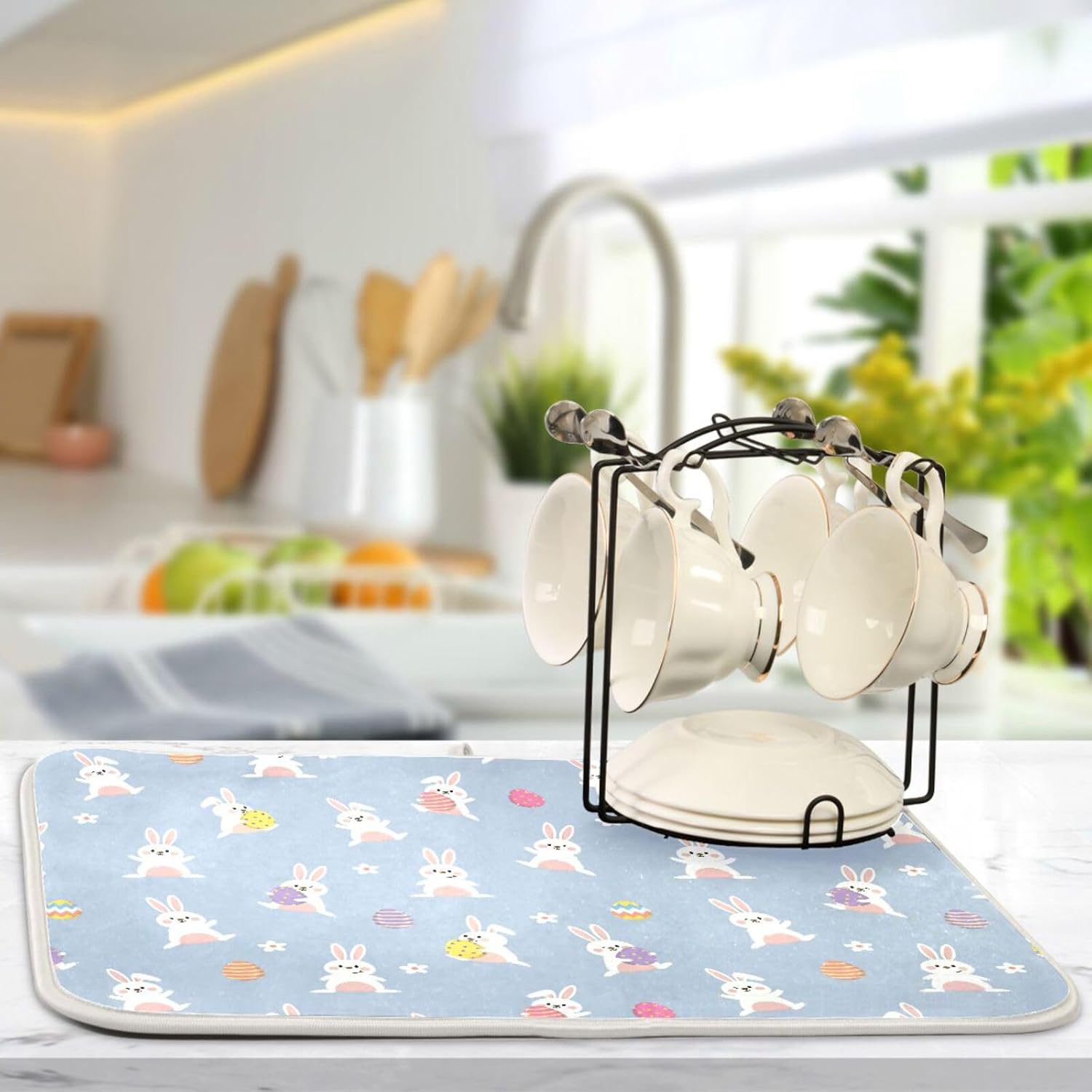 Happy Bunny Easter Eggs Dish Mat Washnable Absorbent Kitchen Mat Counter Dry Matt Tapete Para Cocina 16” x 18”