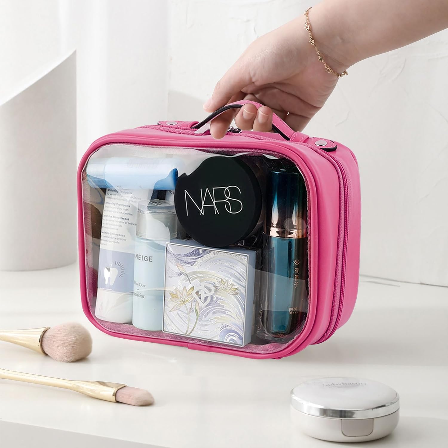MissBoy Bolsa de maquillaje transparente, bolsa de cosméticos de viaje de gran capacidad, organizador de bolsa de almacenamiento abierta para