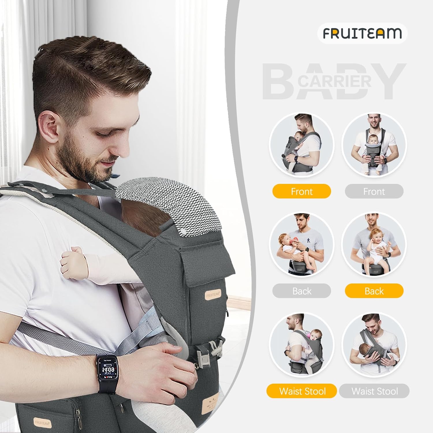 FRUITEAM – Portabebés certificado de seguridad con asiento a la cadera – Portabebés para todas las posiciones – Portabebés delantero y trasero para